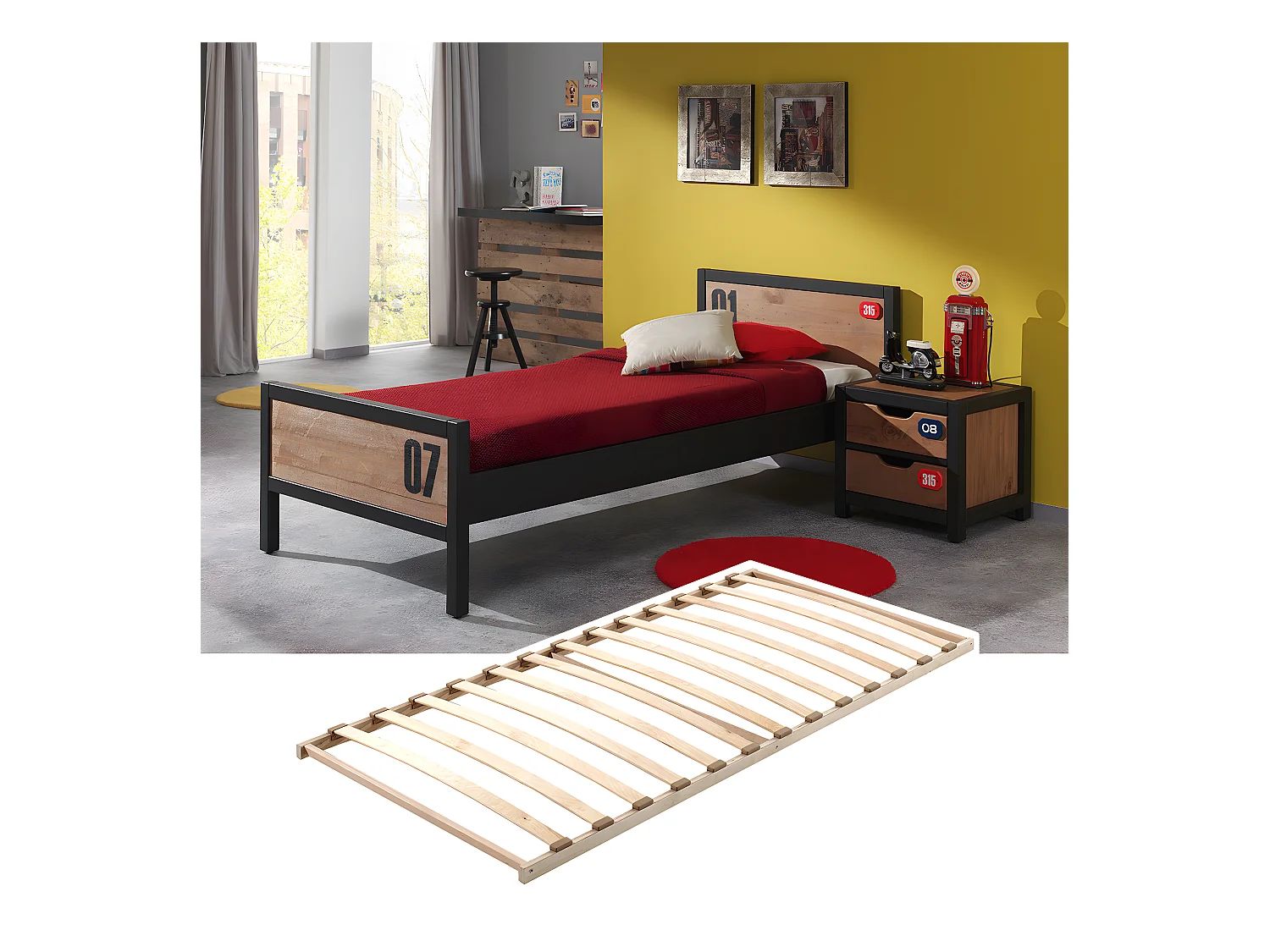 TCHAD - Ensemble Lit 90x200cm avec Sommier + Chevet