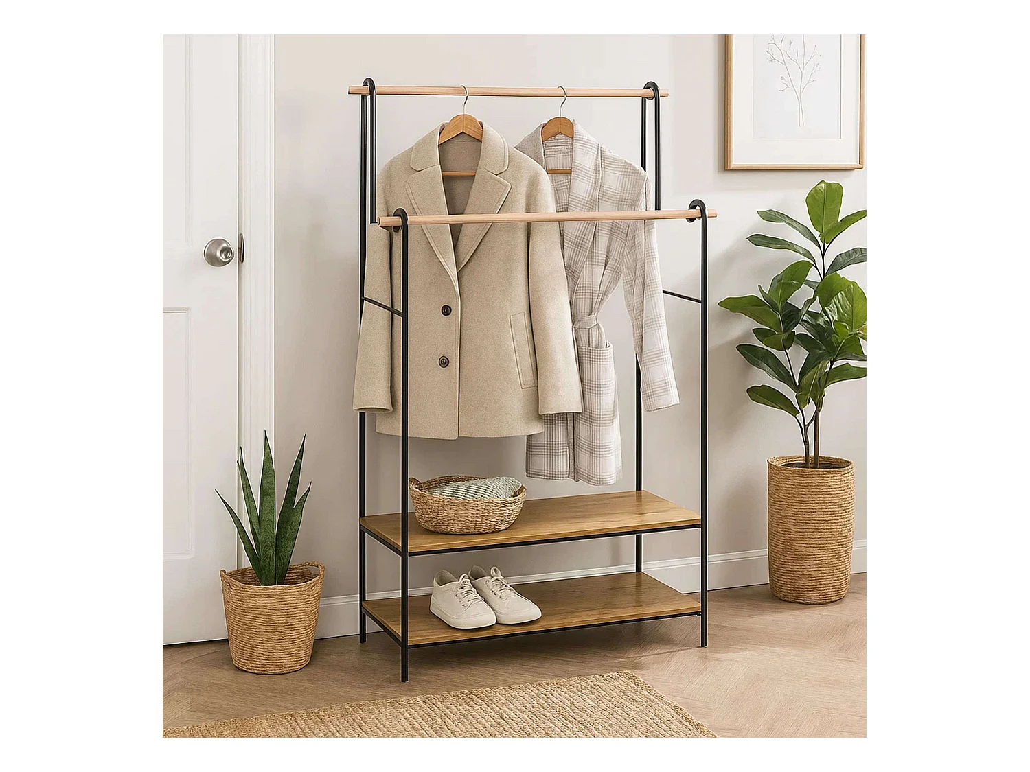 Penderie Portant à vêtements double avec 2 étagères H 164 cm