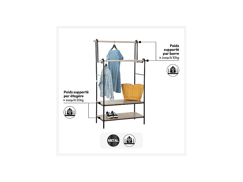 Penderie Portant à vêtements double avec 2 étagères H 164 cm