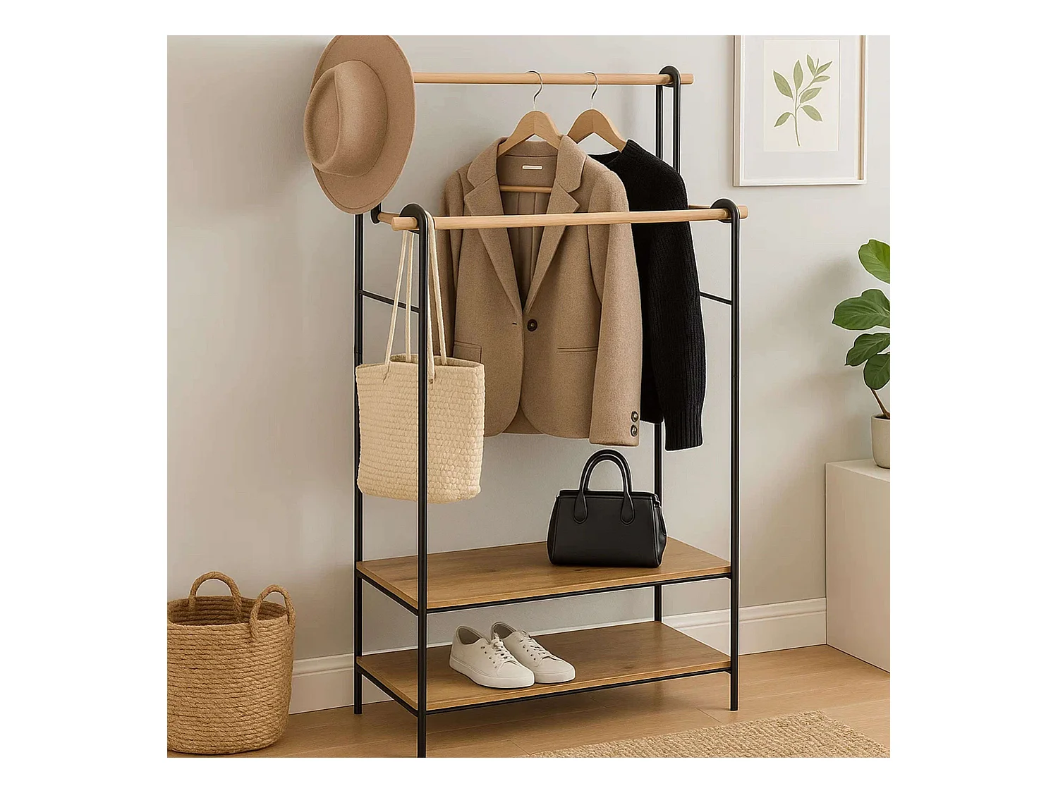 Penderie Portant à vêtements double avec 2 étagères H 164 cm