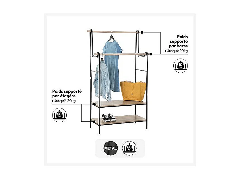 Penderie Portant à vêtements double avec 2 étagères H 164 cm