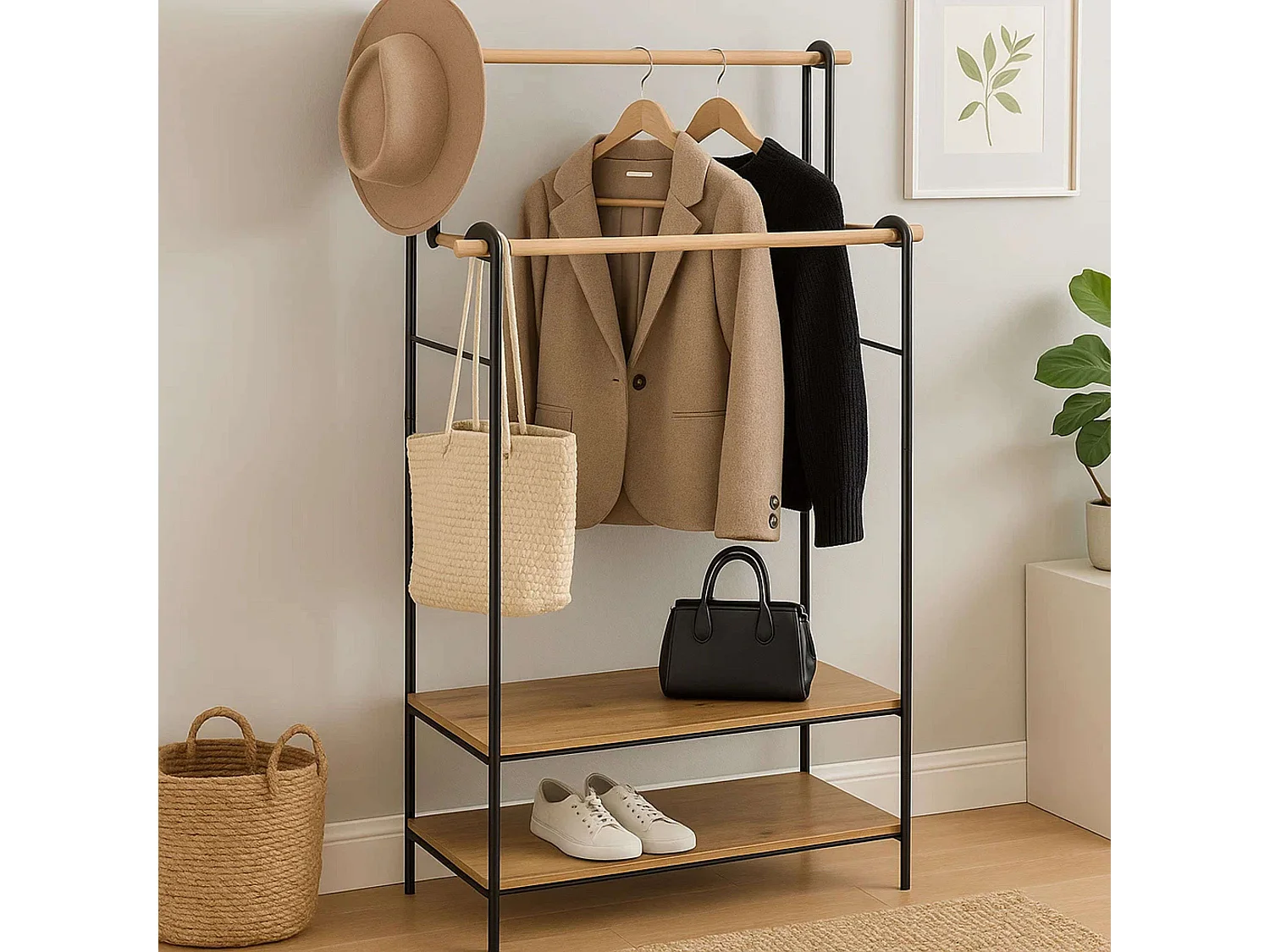 Penderie Portant à vêtements double avec 2 étagères H 164 cm