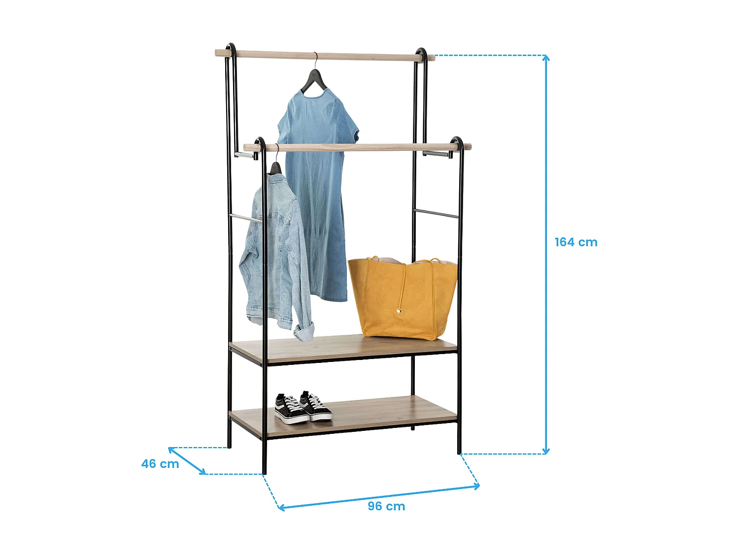 Burro Ropa Doble con 2 Estantes y Barras Negro y Roble Claro 96x164 cm