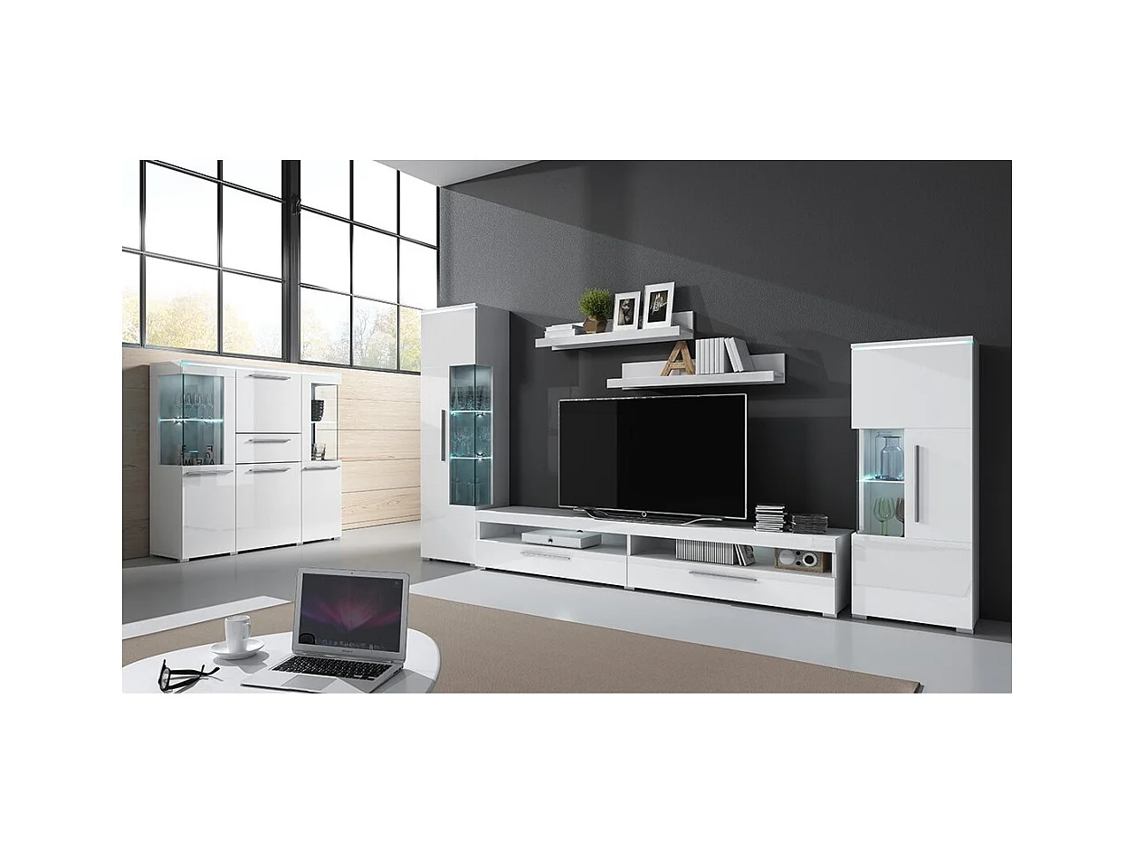 Hoge vitrinekast design met multicolor LED-verlichting uit de BOMBAY collectie. Glanzend witte kleur. Rechts openend.