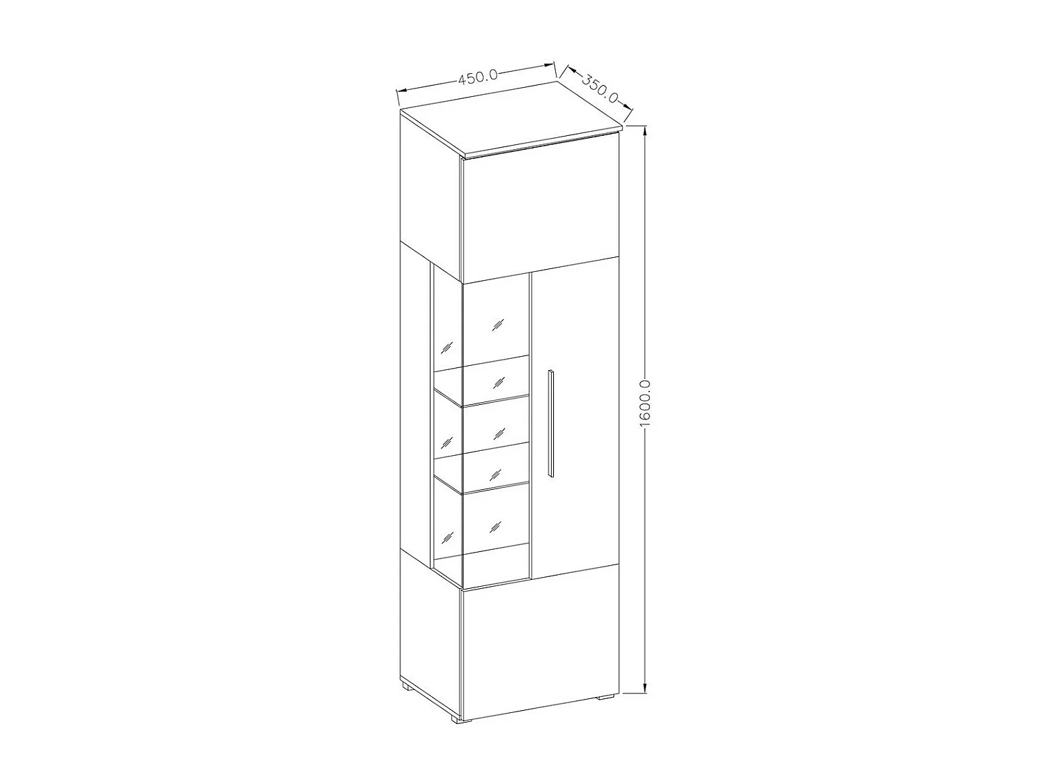 Vitrine hoch im Design mit mehrfarbiger LED-Beleuchtung Kollektion BOMBAY. Farbe Hochglanz Weiß. Öffnung rechts