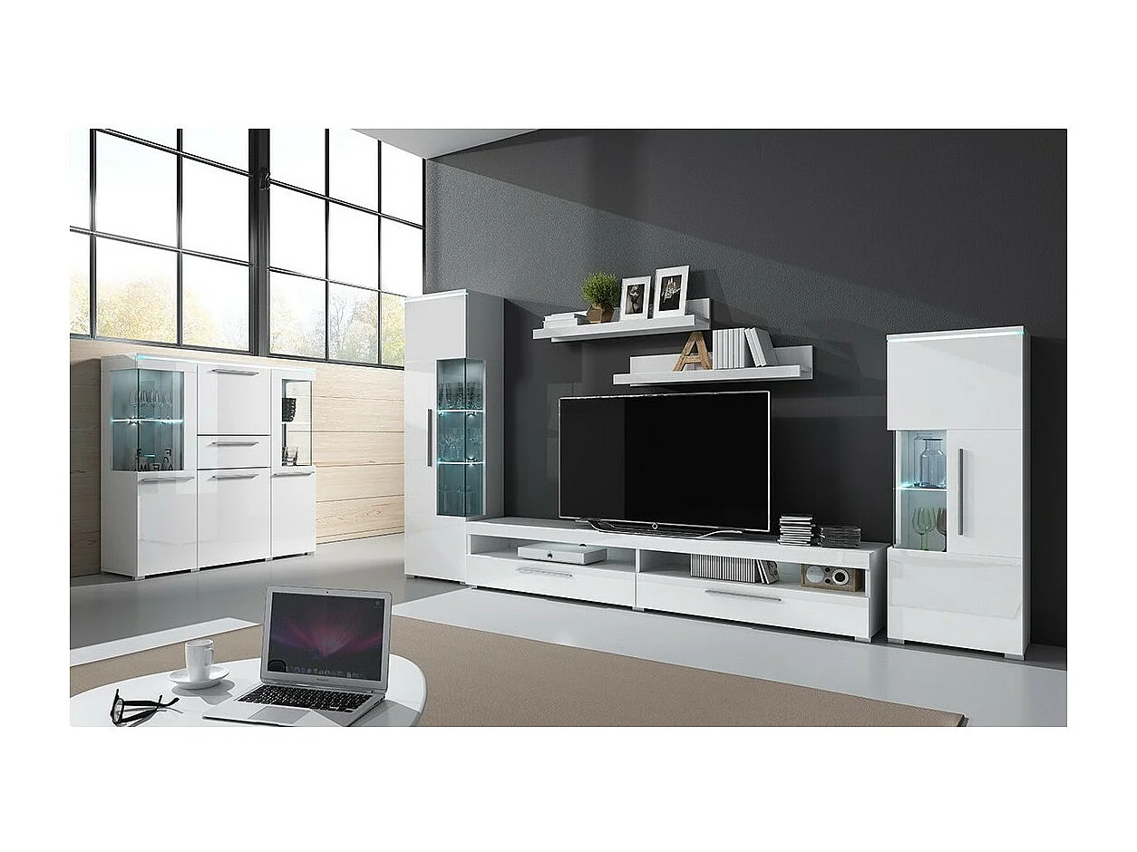 Vitrine haute design avec éclairage LED multicolore collection BOMBAY. Coloris blanc brillant. Ouverture Gauche