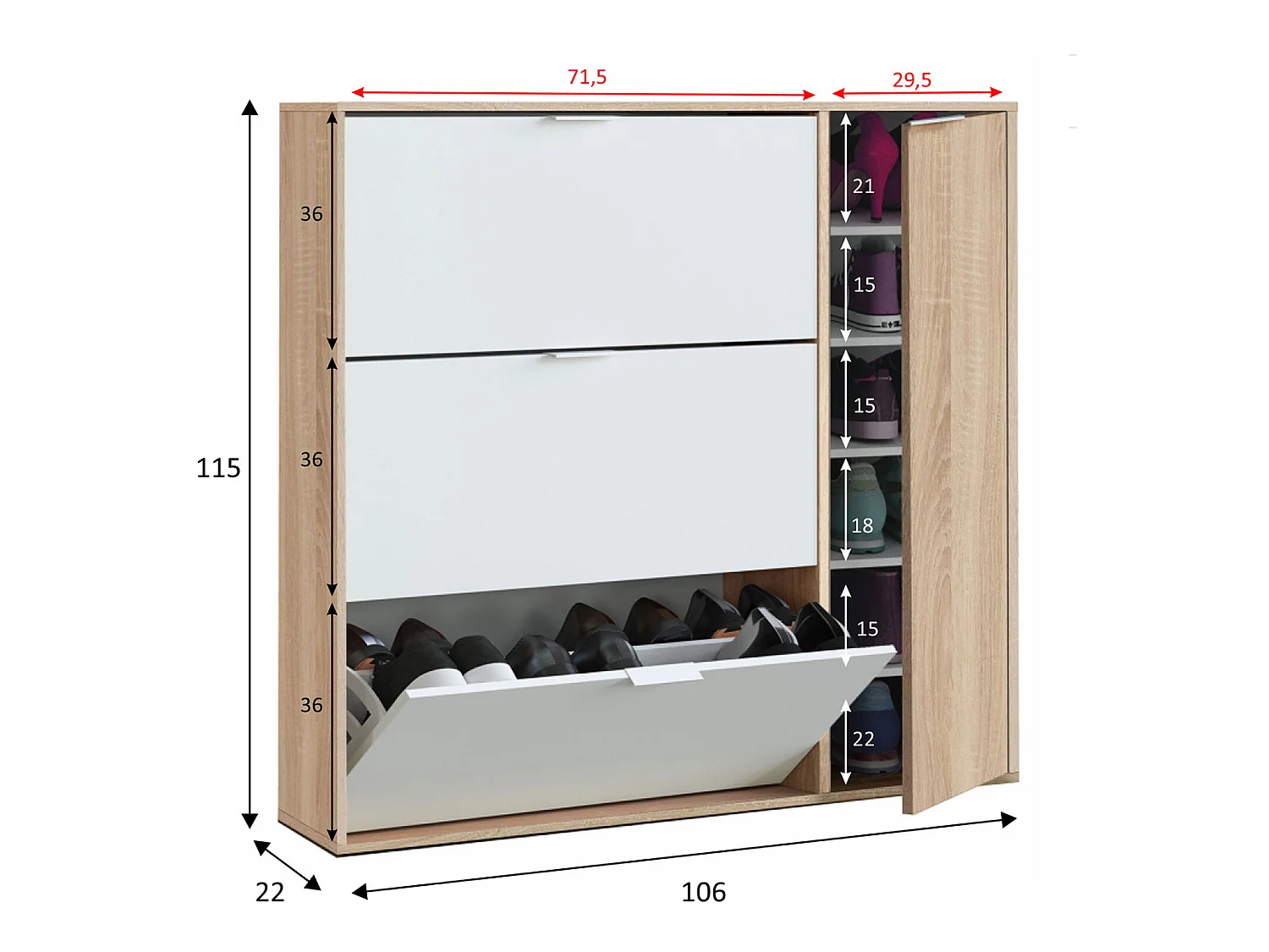Mueble zapatero 4 Puertas Dana Color Roble/Blanco