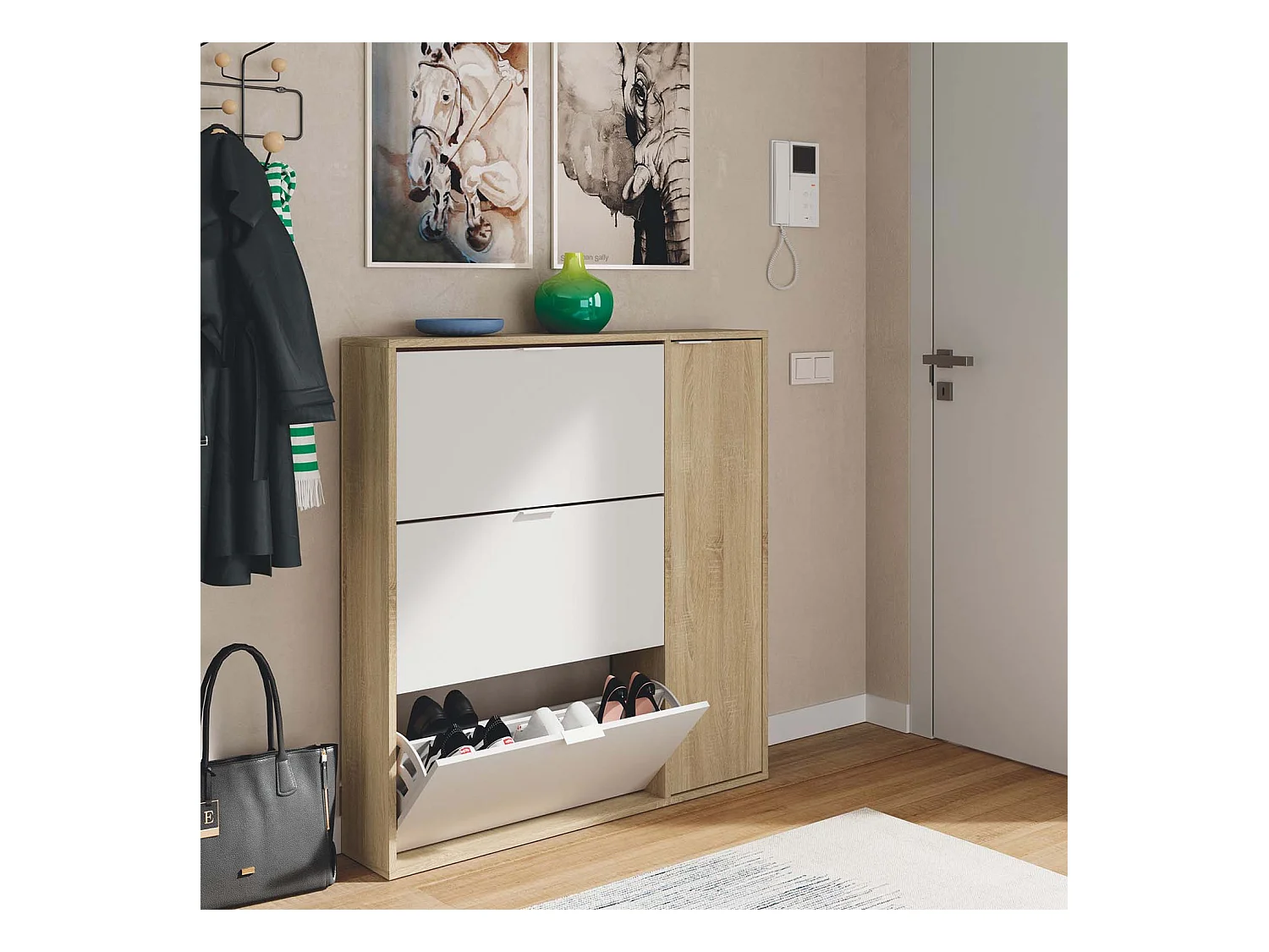 Mueble zapatero 4 Puertas Dana Color Roble/Blanco