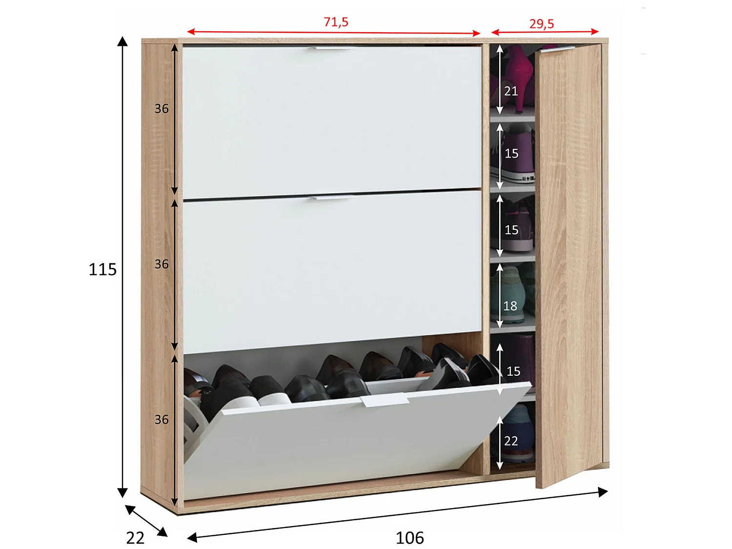 Mueble zapatero 4 Puertas Dana Color Roble/Blanco