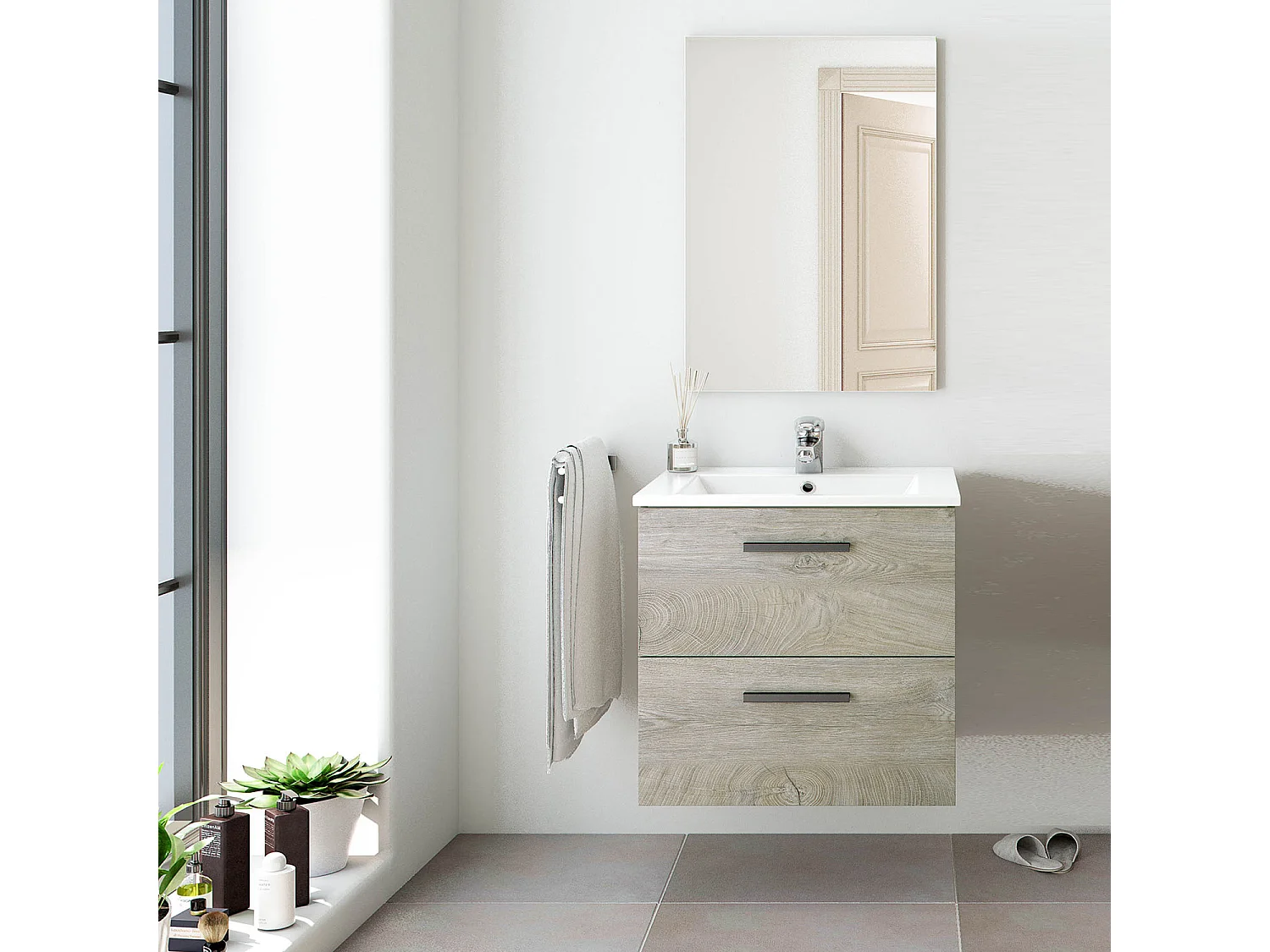 Mueble de baño suspendido Alan 2 cajones, espejo y con lavabo cerámico, Color Alaska