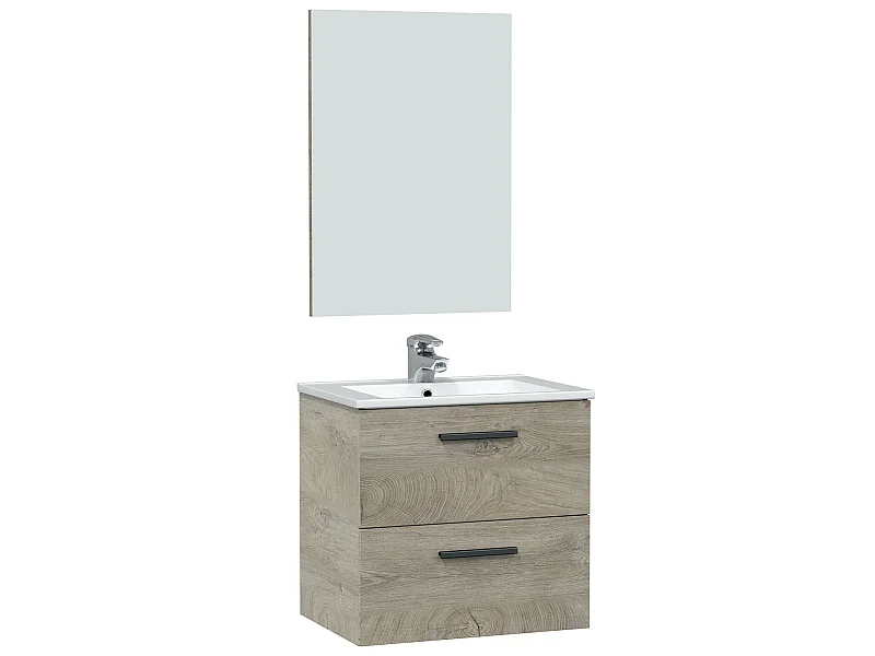 Mueble de baño suspendido Alan 2 cajones, espejo y con lavabo cerámico, Color Alaska