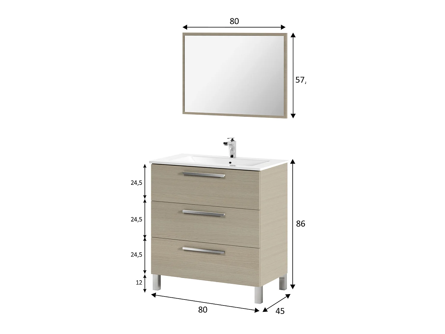Mueble de baño Alise 3 cajones con espejo, sin lavabo, Color Roble