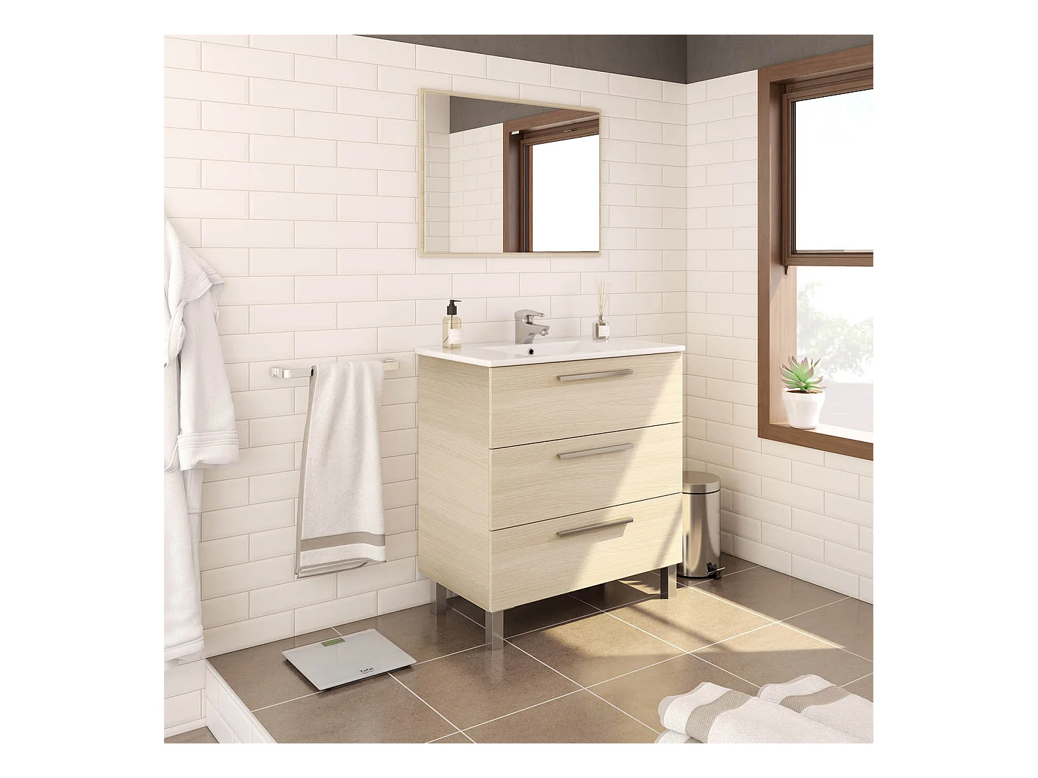 Mueble de baño Alise 3 cajones con espejo, sin lavabo, Color Roble