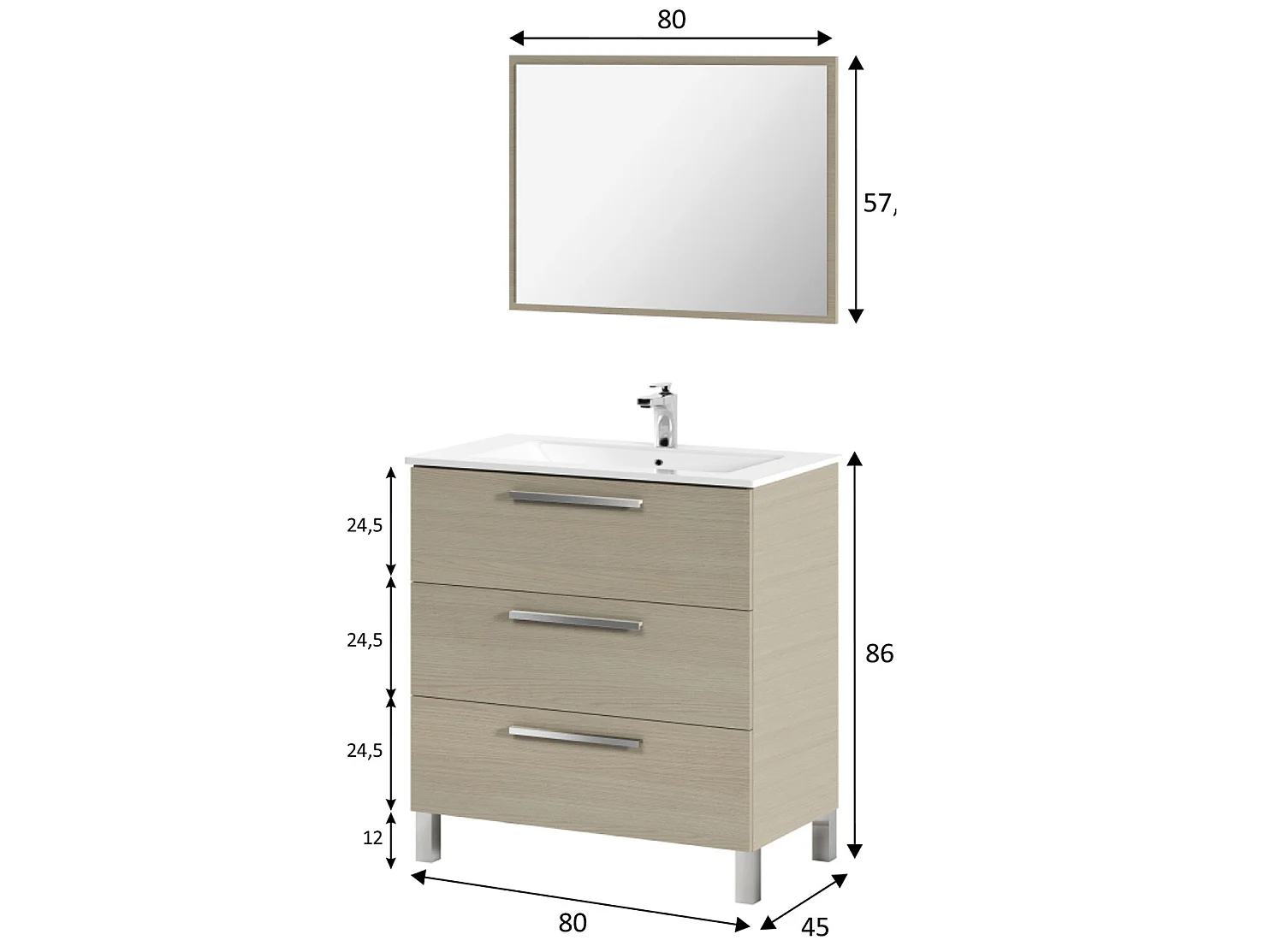 Mueble de baño Alise 3 cajones con espejo, sin lavabo, Color Roble