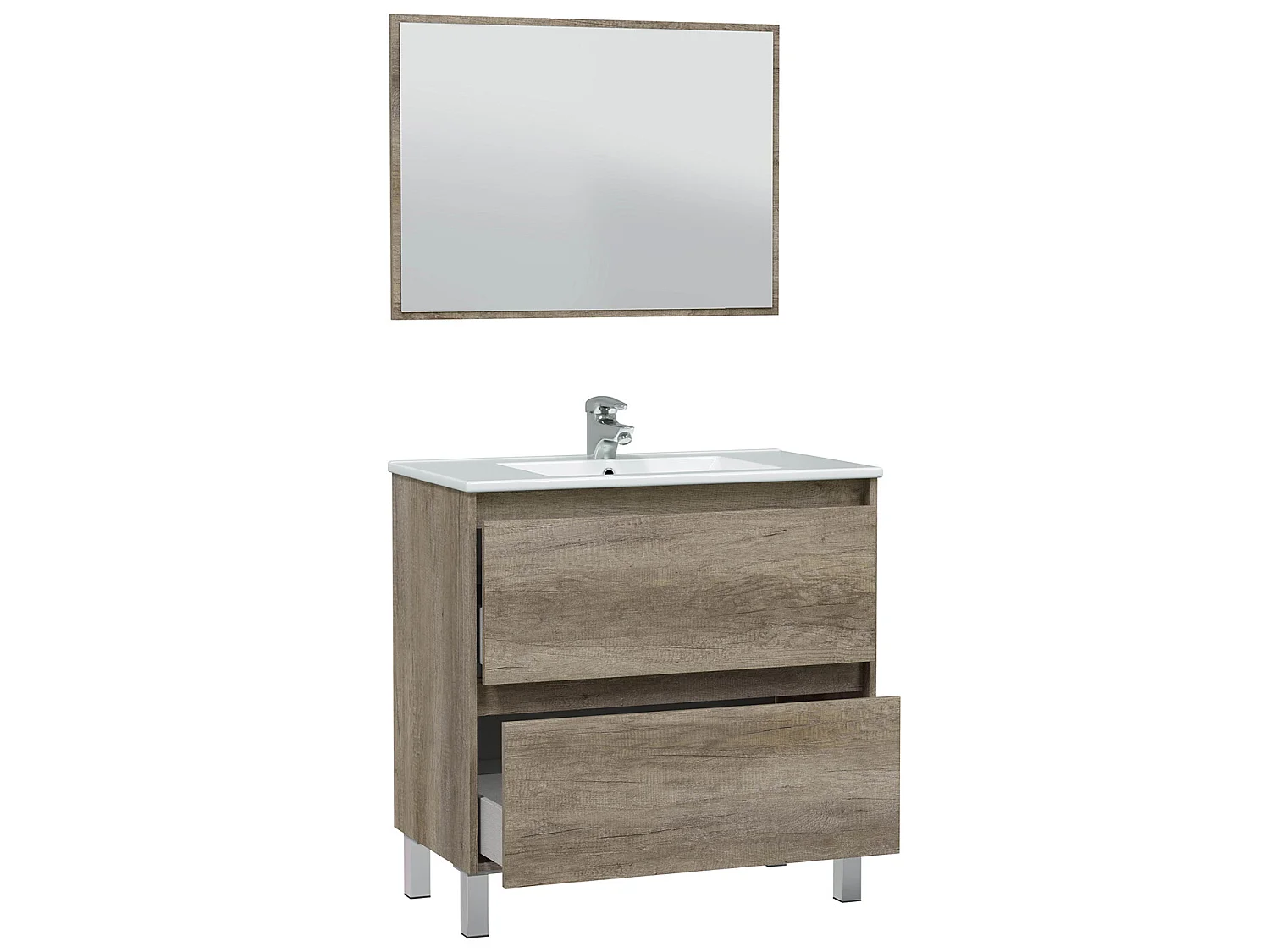 Mueble de baño Devin 2 cajones, espejo y lavabo PMMA, Color Nordik