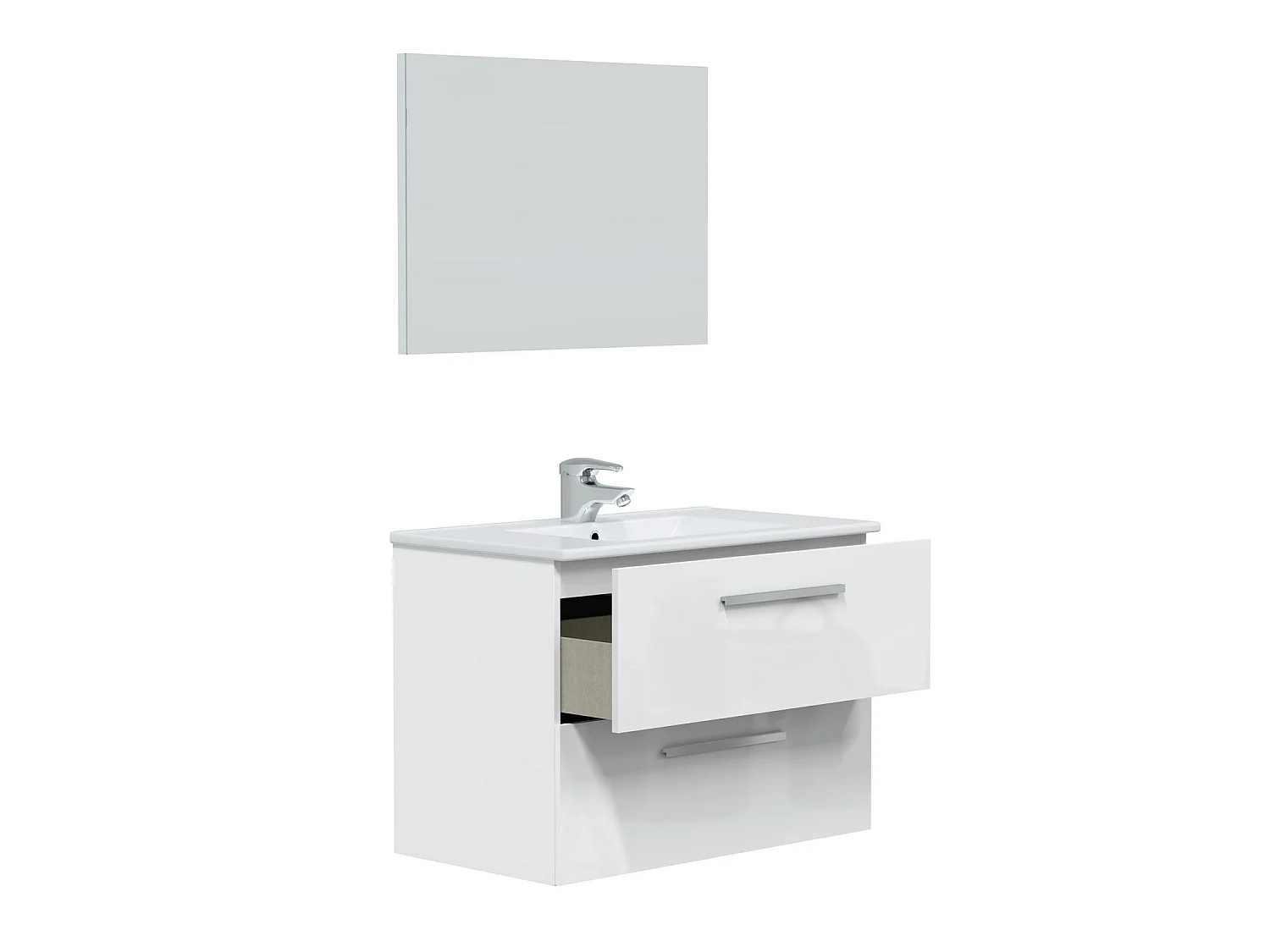 Mueble de baño suspendido Axel 2 cajones con espejo, sin lavabo, Color Blanco brillo