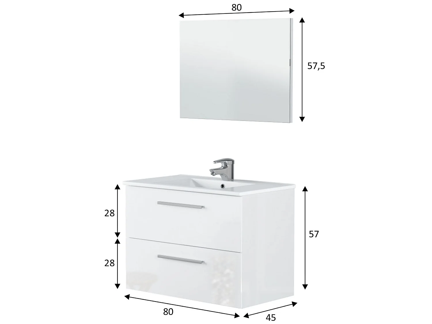 Mueble de baño suspendido Axel 2 cajones con espejo, sin lavabo, Color Blanco brillo