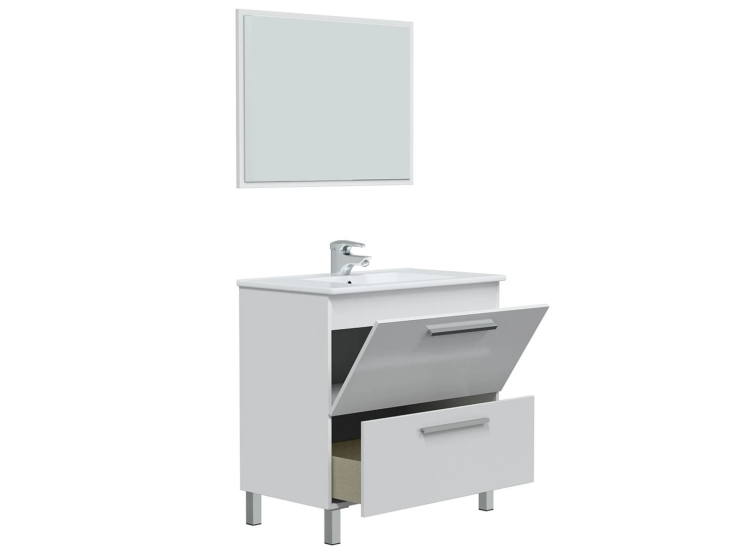 Mueble de baño Luis 1 cajón 1 puerta, espejo y con lavabo cerámico, Color Blanco brillo