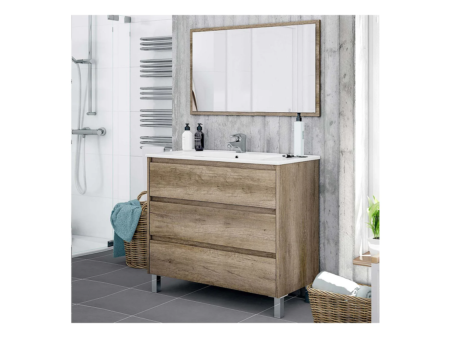 Mueble de baño Devin 3 cajones con espejo, sin lavabo, Color Nordik