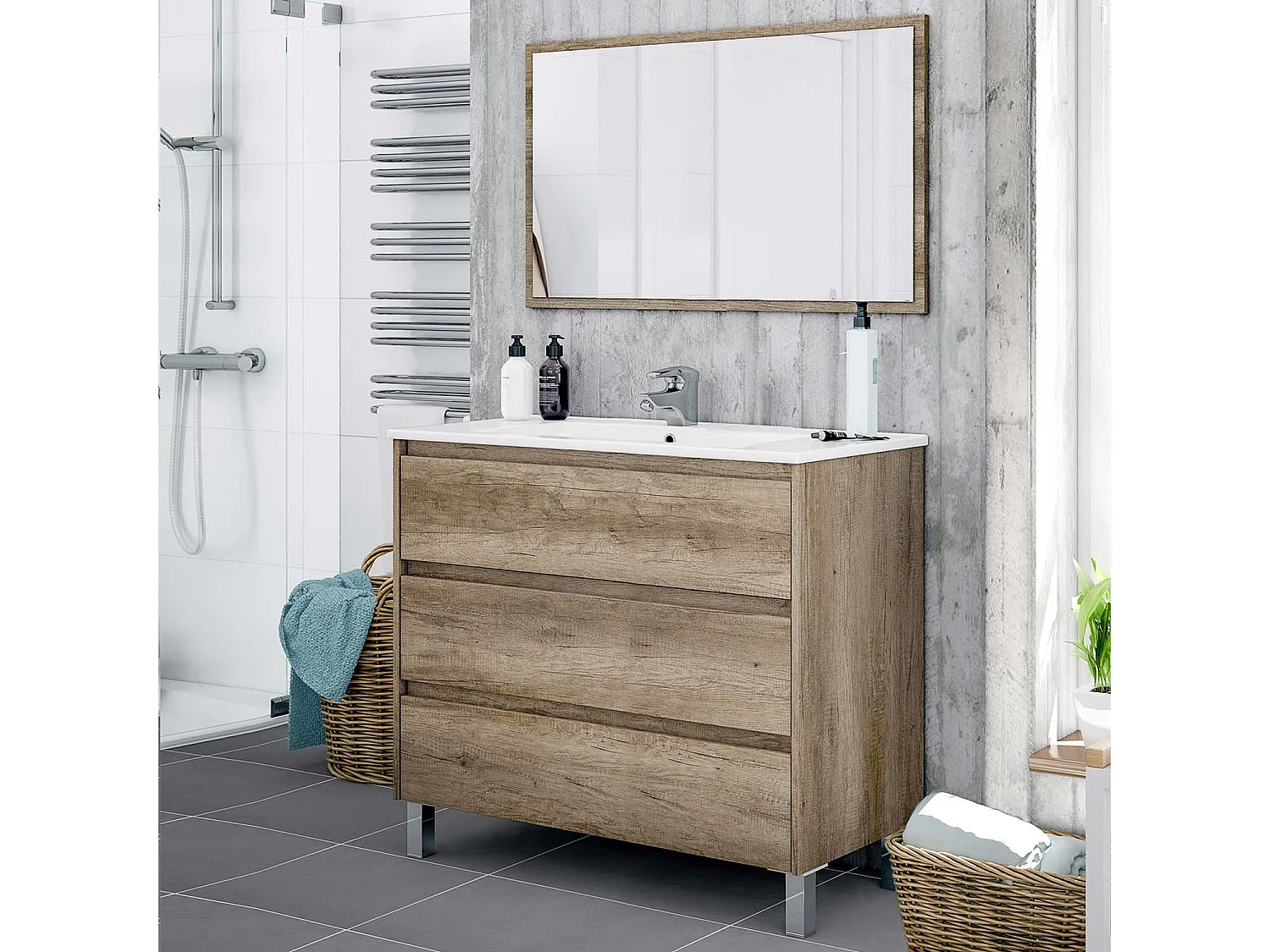 Mueble de baño Devin 3 cajones con espejo, sin lavabo, Color Nordik