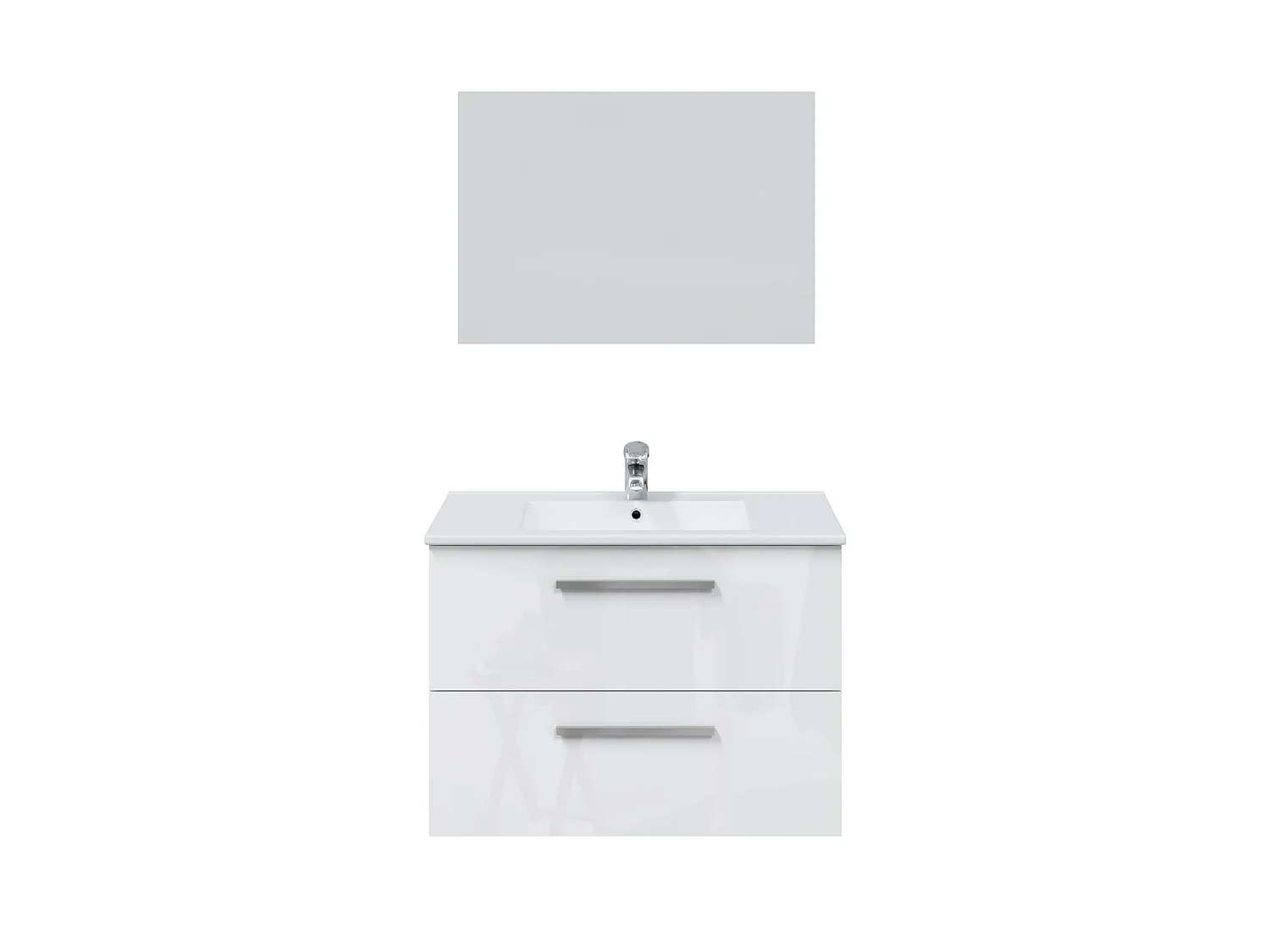 Mueble de baño suspendido Axel 2 cajones, espejo y con lavabo cerámico, Color Blanco brillo