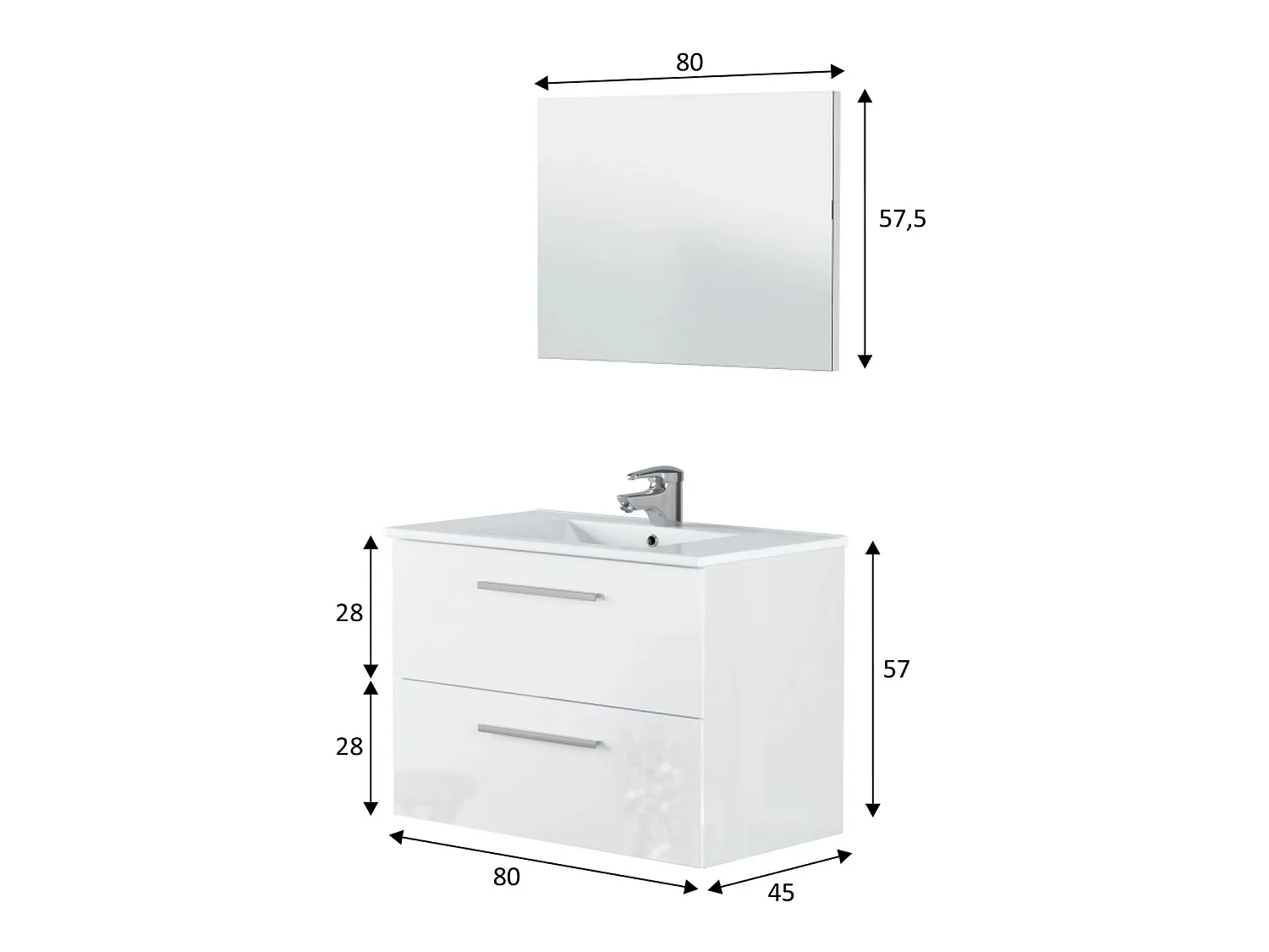 Mueble de baño suspendido Axel 2 cajones, espejo y con lavabo cerámico, Color Blanco brillo