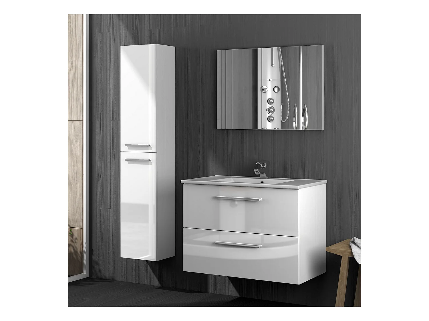 Mueble de baño suspendido Axel 2 cajones, espejo y con lavabo cerámico, Color Blanco brillo