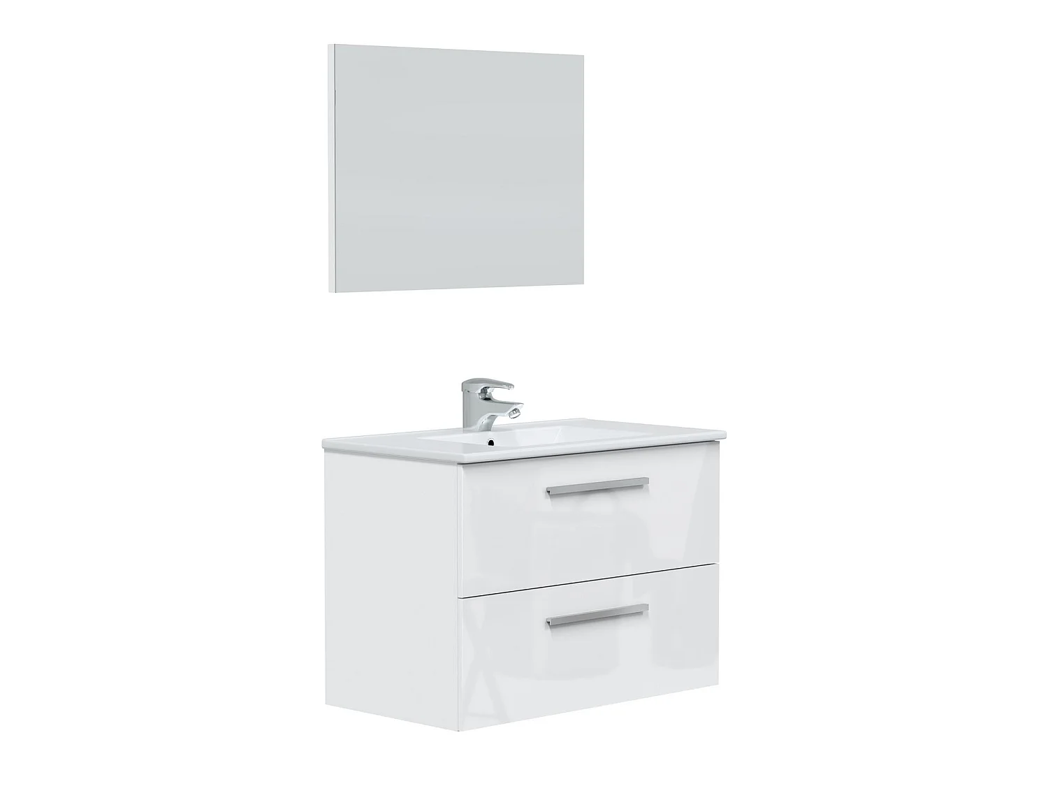 Mueble de baño suspendido Axel 2 cajones, espejo y con lavabo cerámico, Color Blanco brillo