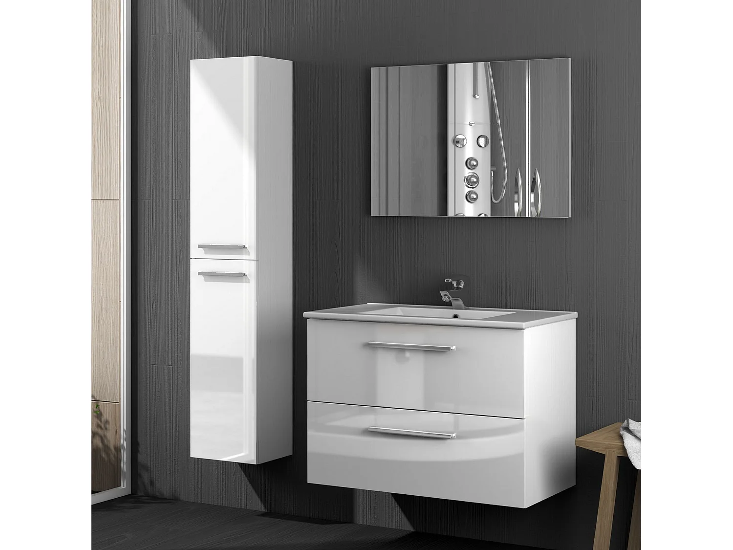 Mueble de baño suspendido Axel 2 cajones, espejo y con lavabo cerámico, Color Blanco brillo