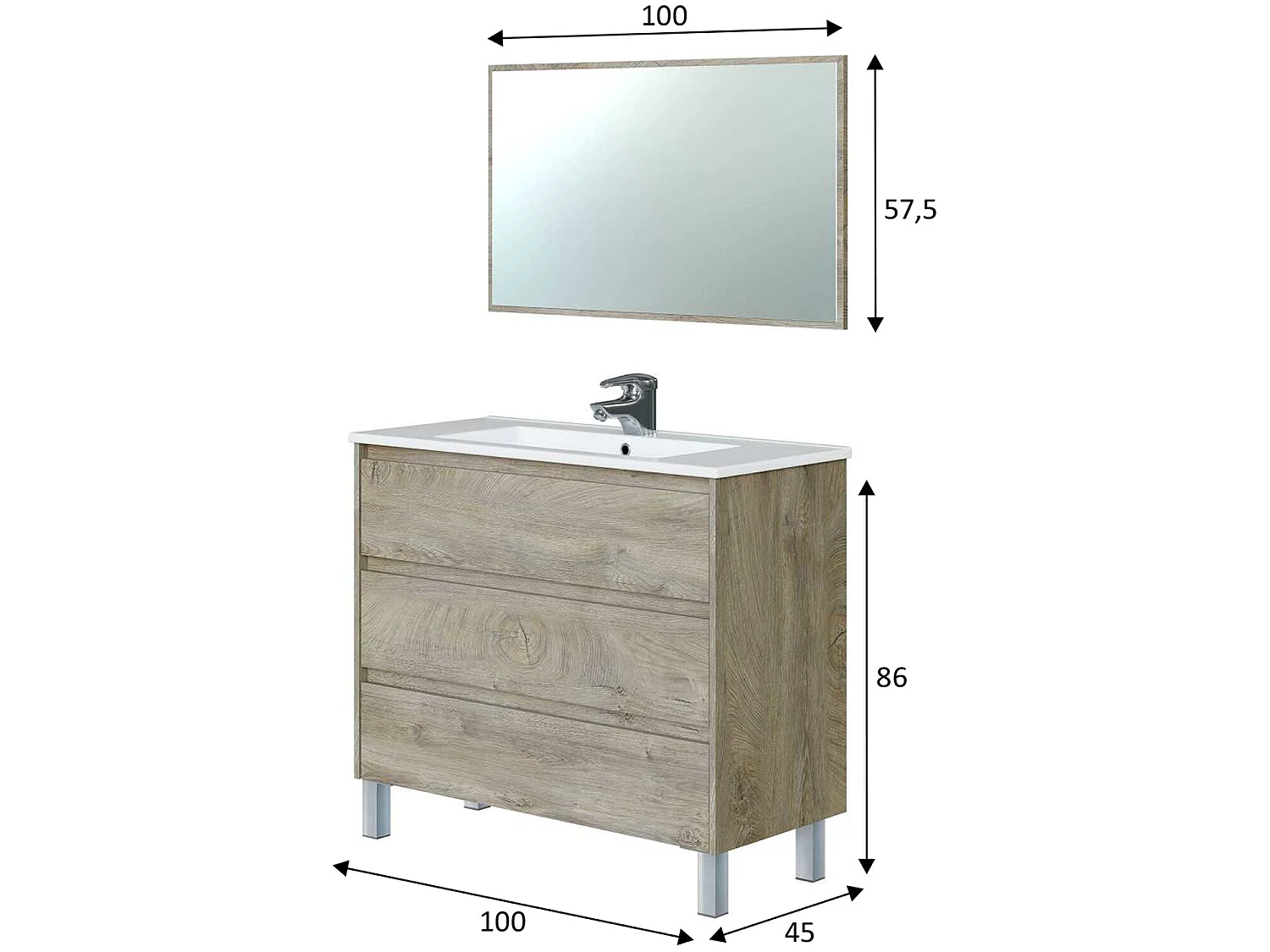 Mueble de baño Devin 3 cajones con espejo, sin lavabo, Color Alaska