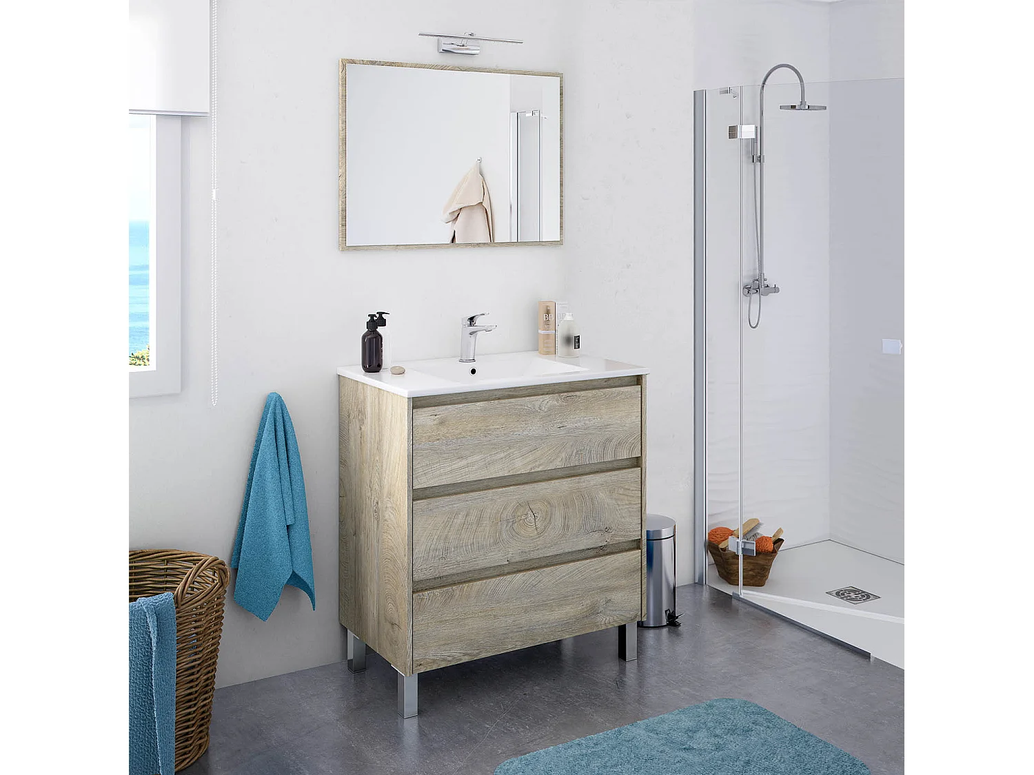 Mueble de baño Devin 3 cajones con espejo, sin lavabo, Color Alaska