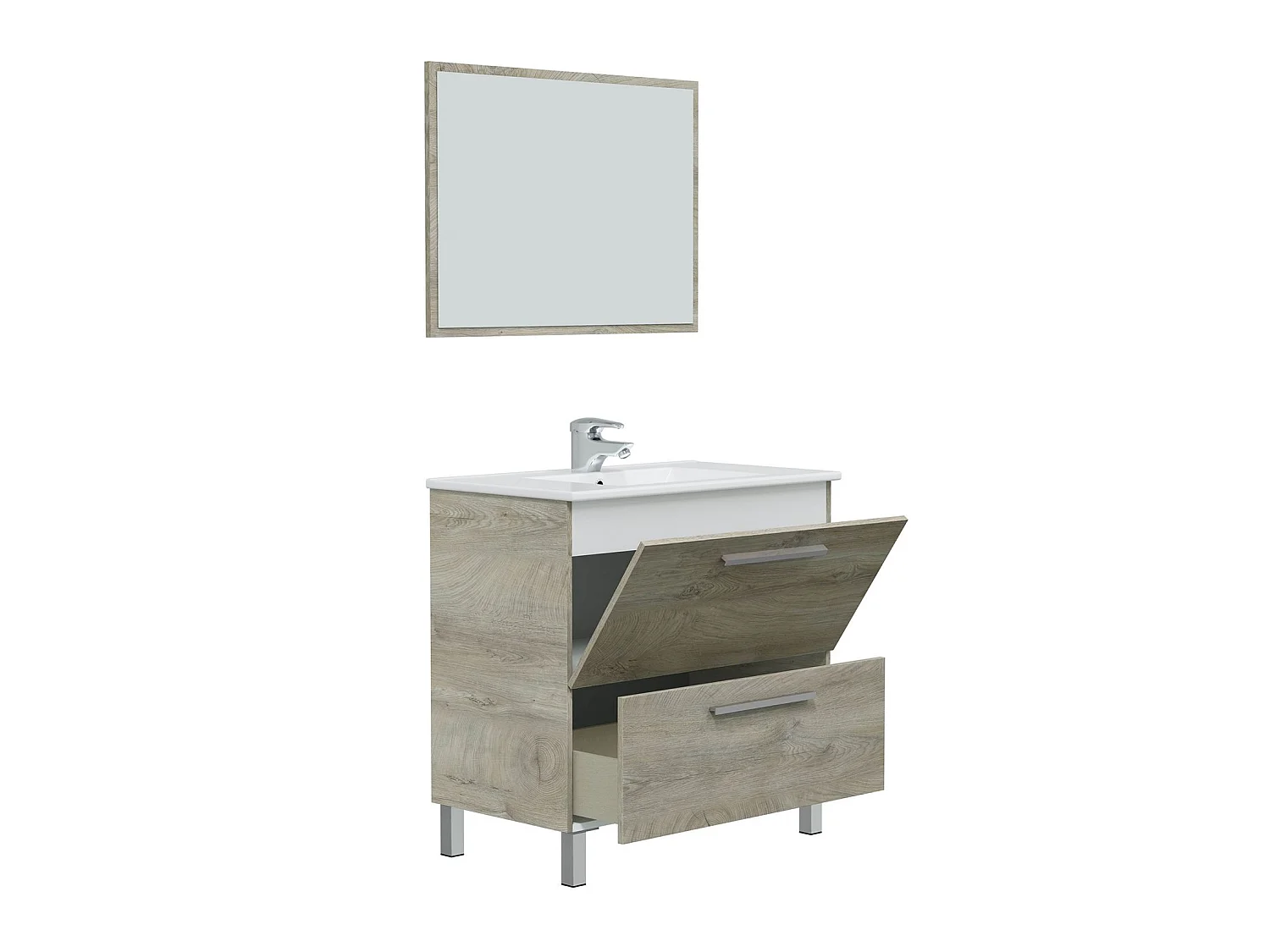 Mueble de baño Luis 1 cajón 1 puerta, espejo y con lavabo cerámico, Color Alaska