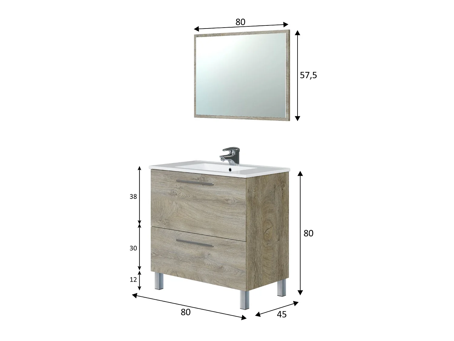 Mueble de baño Luis 1 cajón 1 puerta, espejo y con lavabo cerámico, Color Alaska