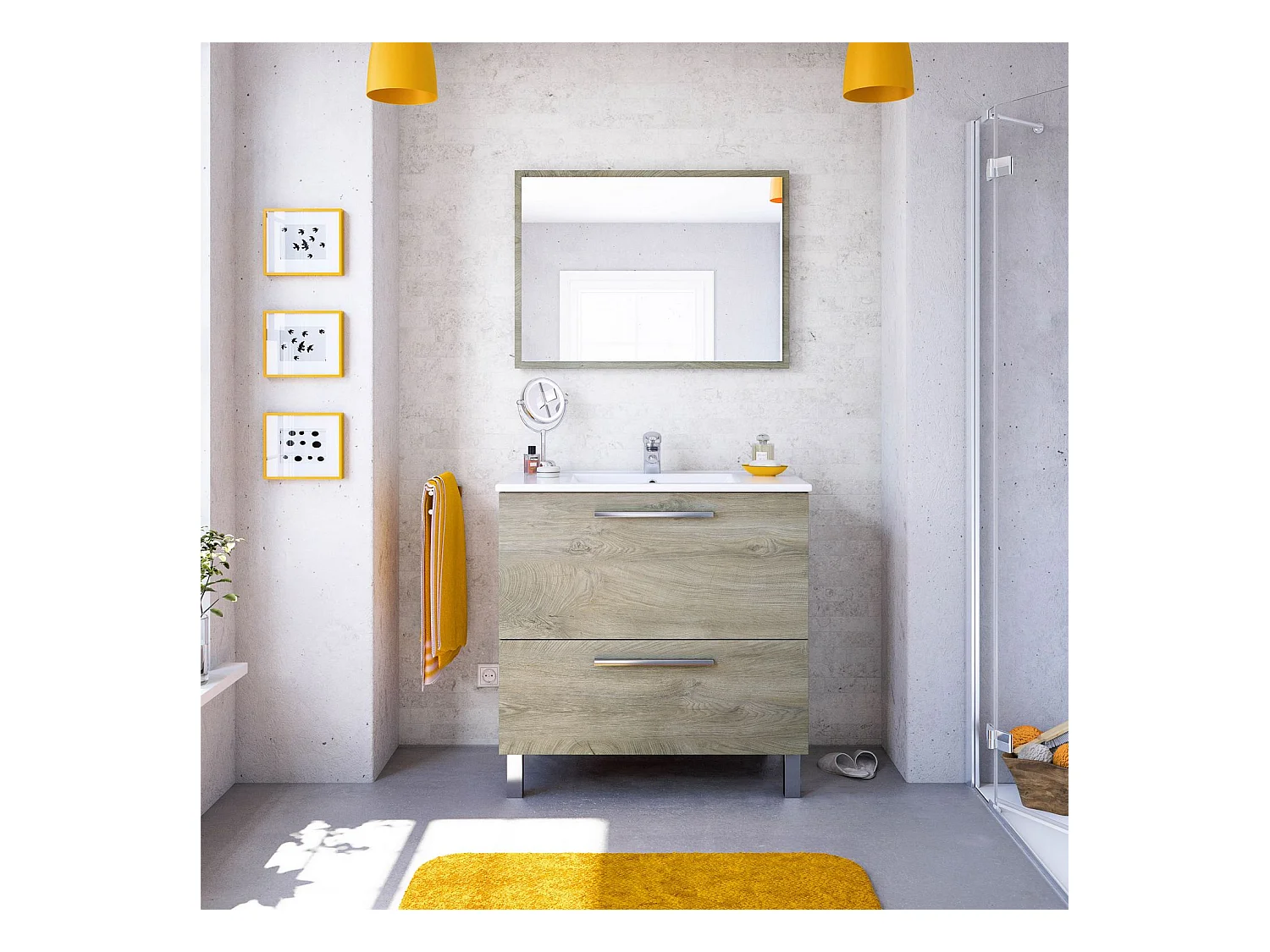 Mueble de baño Luis 1 cajón 1 puerta, espejo y con lavabo cerámico, Color Alaska