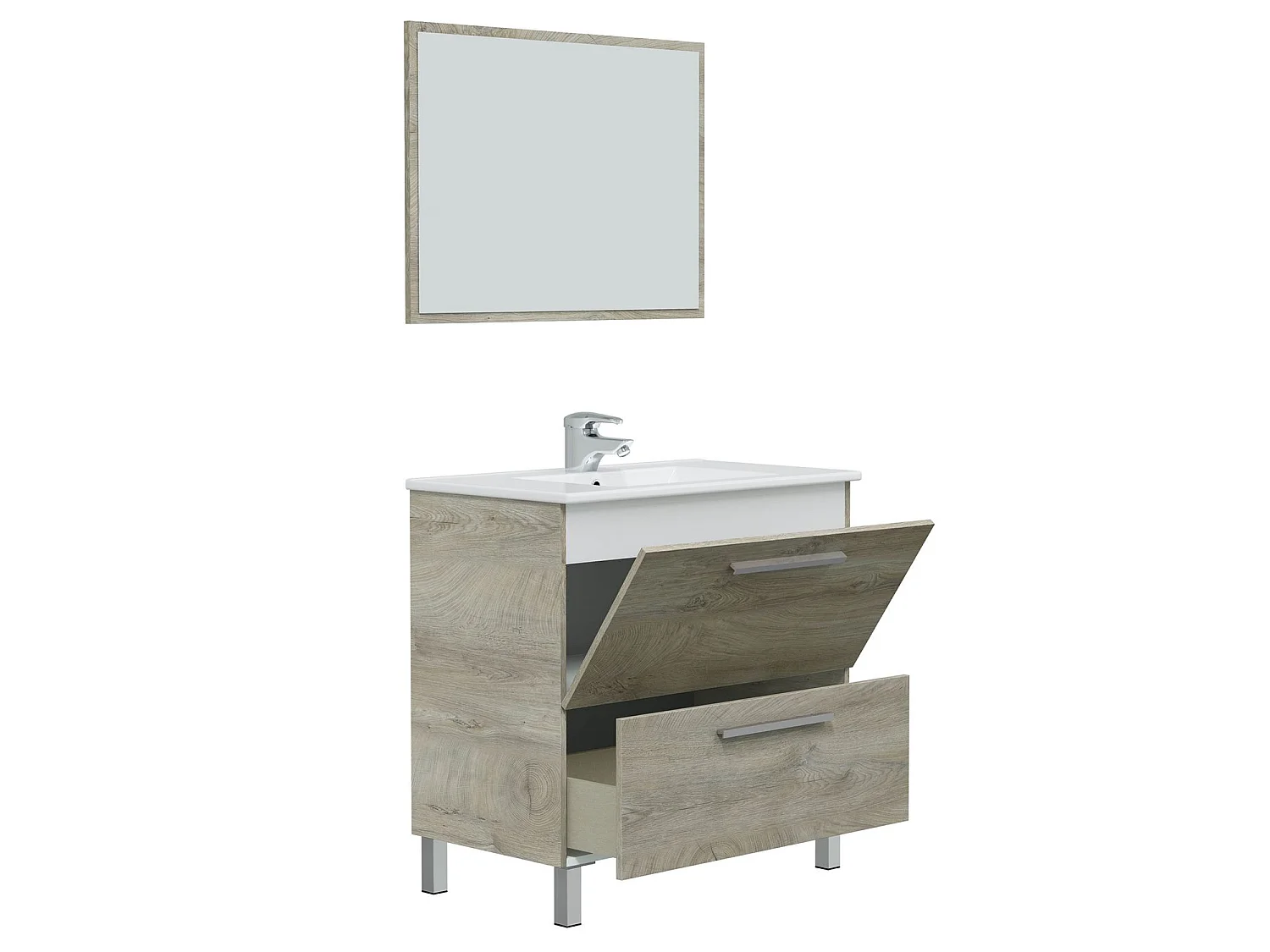 Mueble de baño Luis 1 cajón 1 puerta, espejo y con lavabo cerámico, Color Alaska