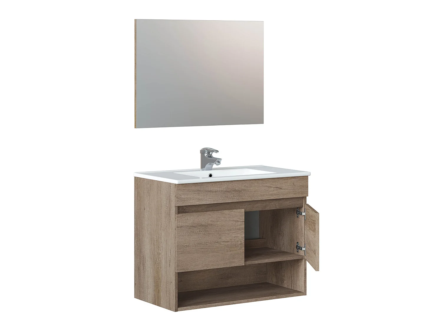 Mueble de baño suspendido Clara 2 puertas, espejo y lavabo PMMA, Color Nordik