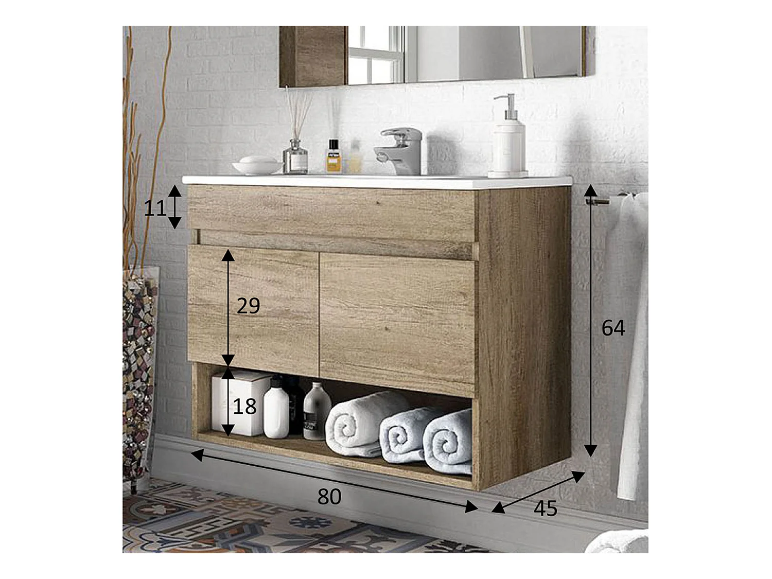 Mueble de baño suspendido Clara 2 puertas, espejo y lavabo PMMA, Color Nordik