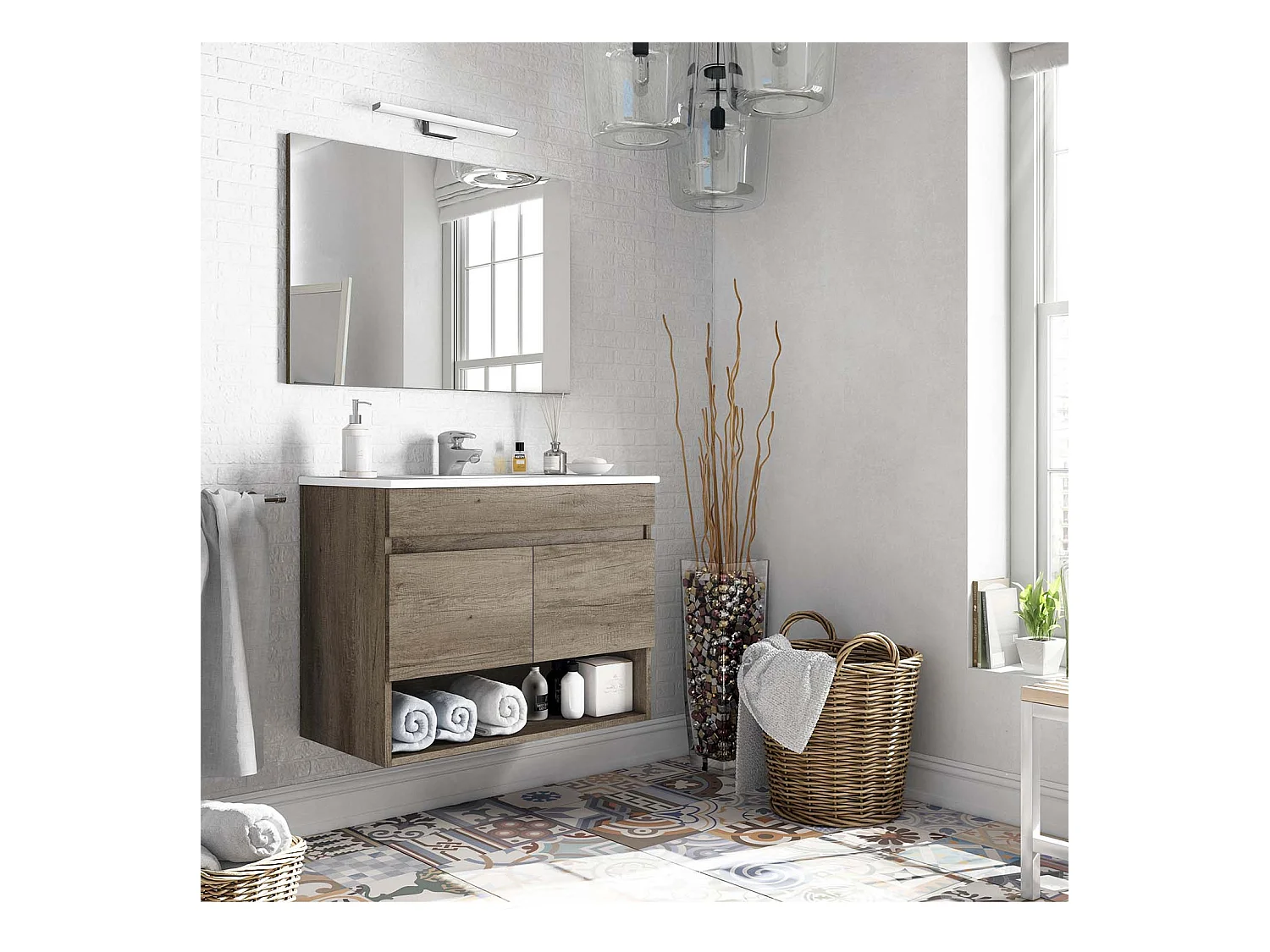 Mueble de baño suspendido Clara 2 puertas, espejo y lavabo PMMA, Color Nordik