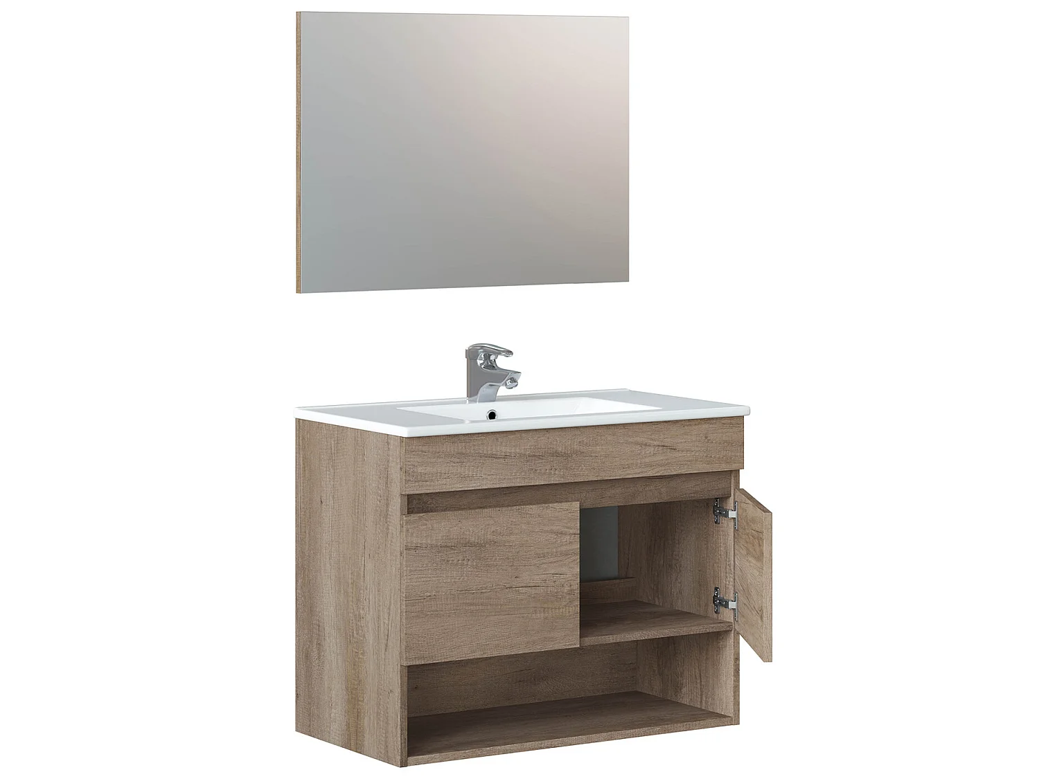 Mueble de baño suspendido Clara 2 puertas, espejo y lavabo PMMA, Color Nordik