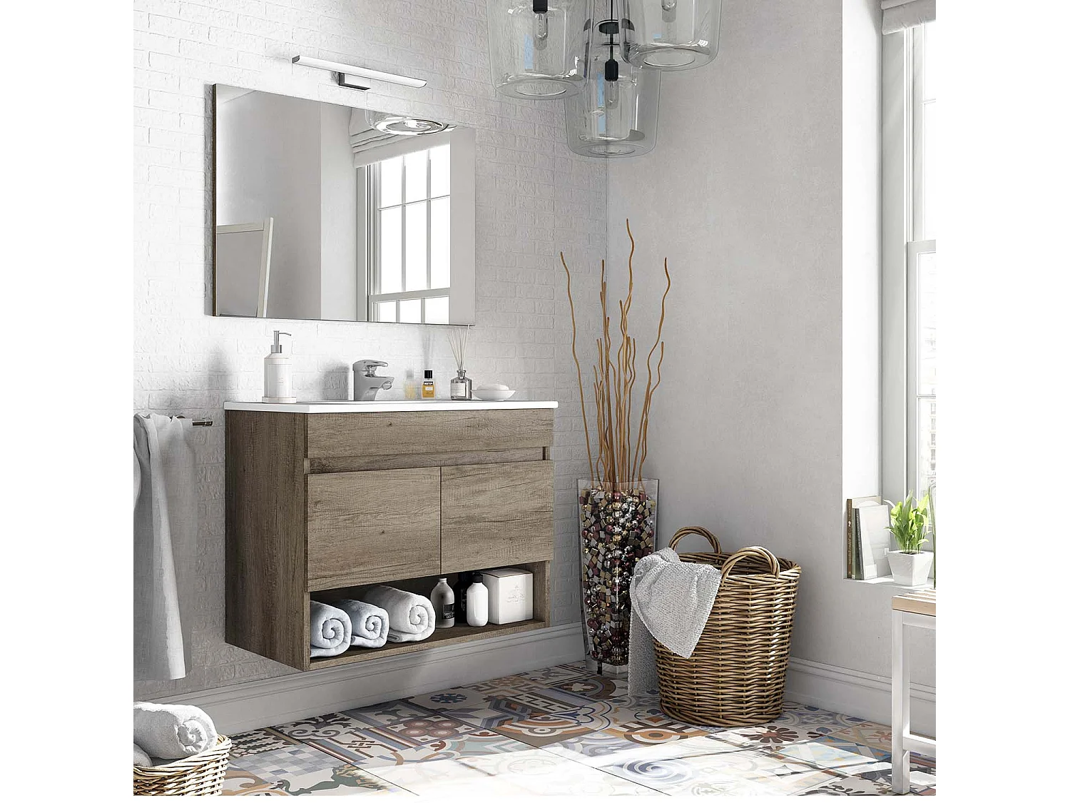 Mueble de baño suspendido Clara 2 puertas, espejo y lavabo PMMA, Color Nordik