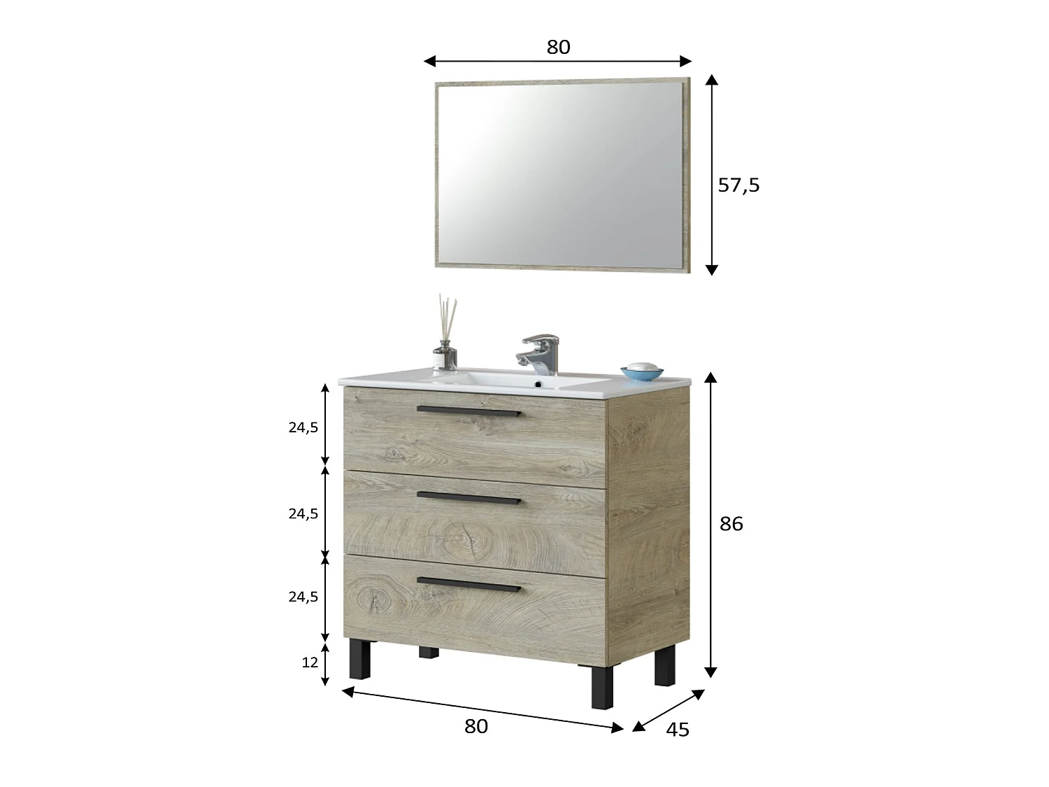 Mueble de baño Alise 3 cajones con espejo, sin lavabo, Color Alaska