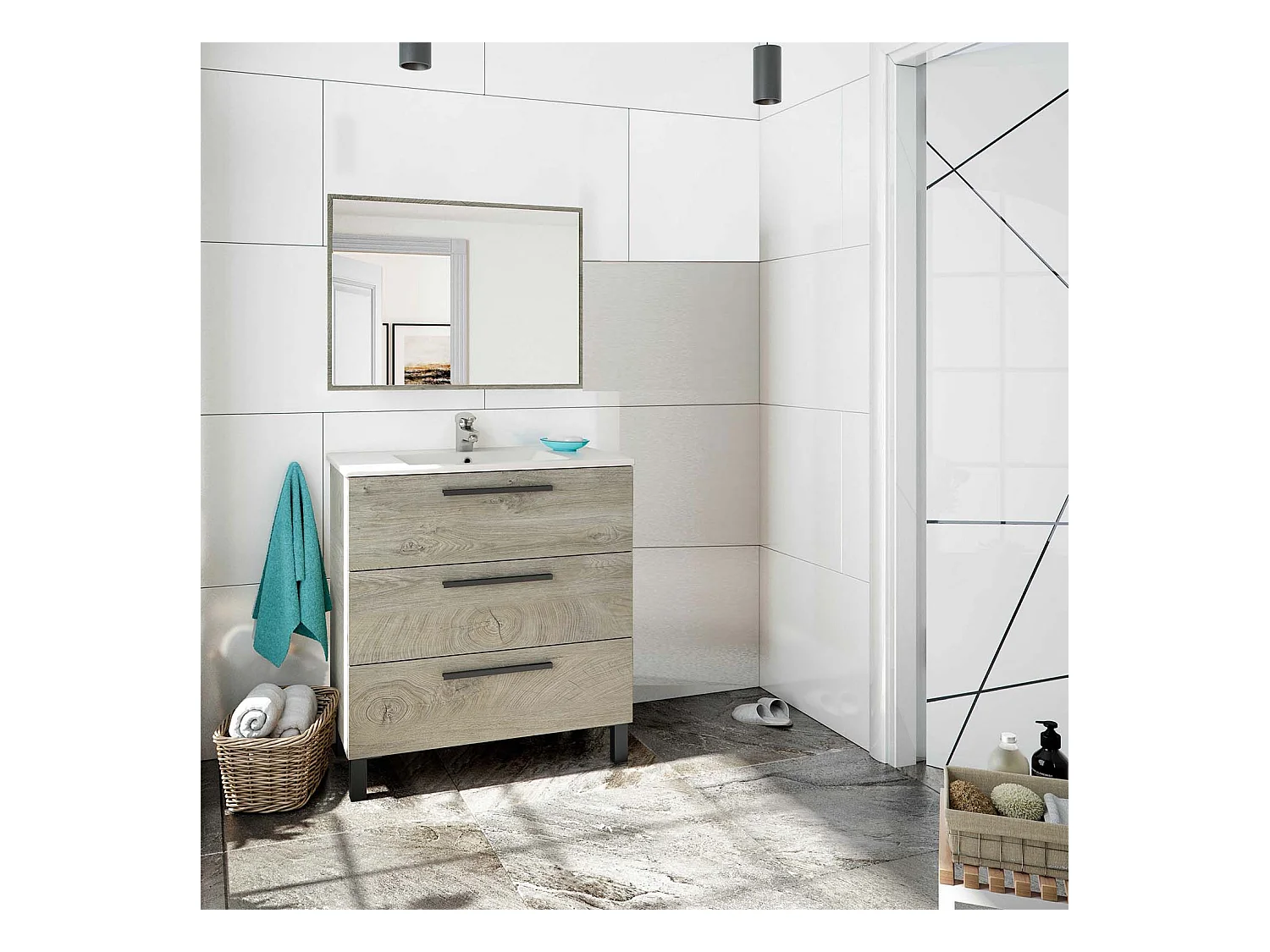 Mueble de baño Alise 3 cajones con espejo, sin lavabo, Color Alaska