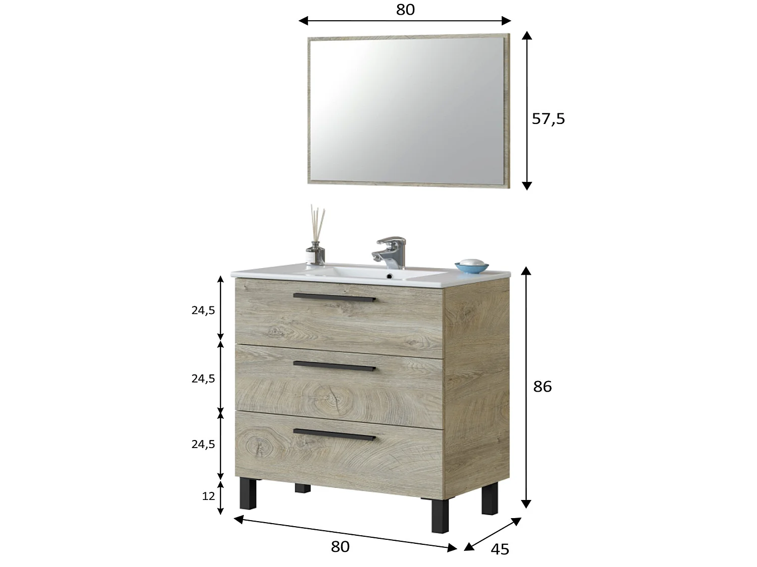 Mueble de baño Alise 3 cajones con espejo, sin lavabo, Color Alaska