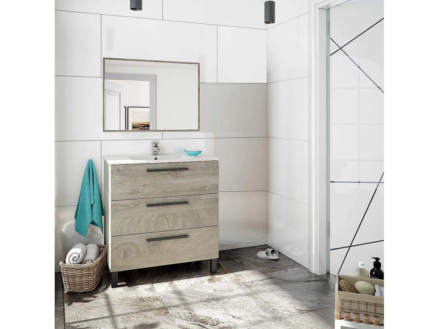 Mueble de baño Alise 3 cajones con espejo, sin lavabo, Color Alaska