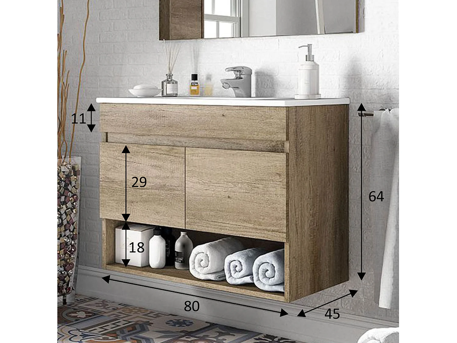 Mueble de baño Clara suspendido 2 puertas con espejo, sin lavabo, Color Nordik
