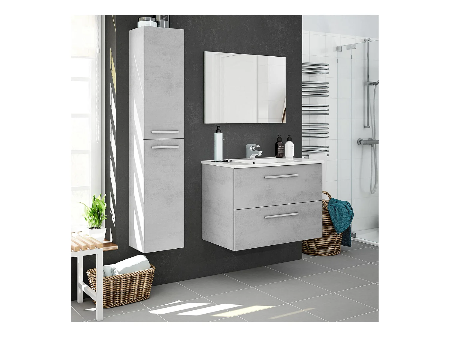 Mueble de baño suspendido Axel 2 cajones, espejo y con lavabo cerámico, Color Cemento