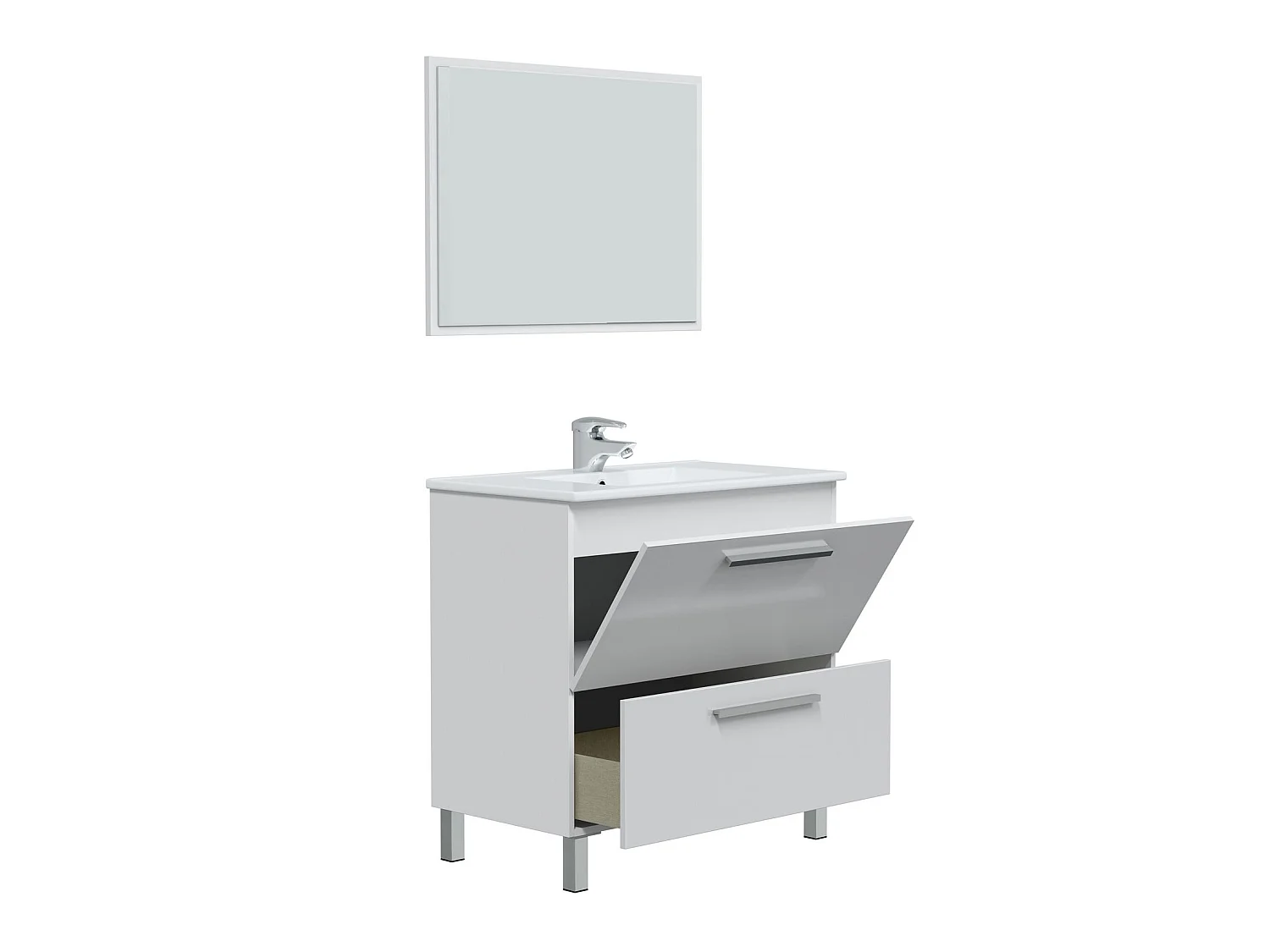 Mueble de baño Luis 1 cajón 1 puerta con espejo, sin lavabo, Color Blanco brillo