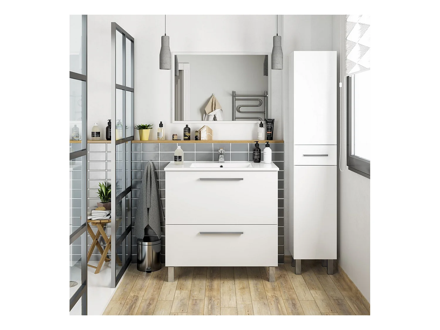 Mueble de baño Luis 1 cajón 1 puerta con espejo, sin lavabo, Color Blanco brillo