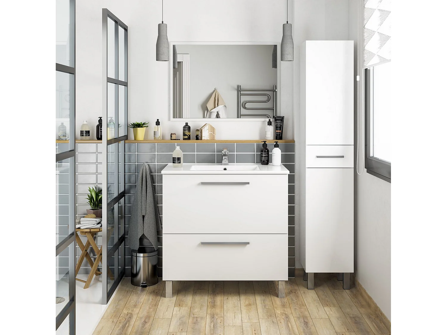 Mueble de baño Luis 1 cajón 1 puerta con espejo, sin lavabo, Color Blanco brillo