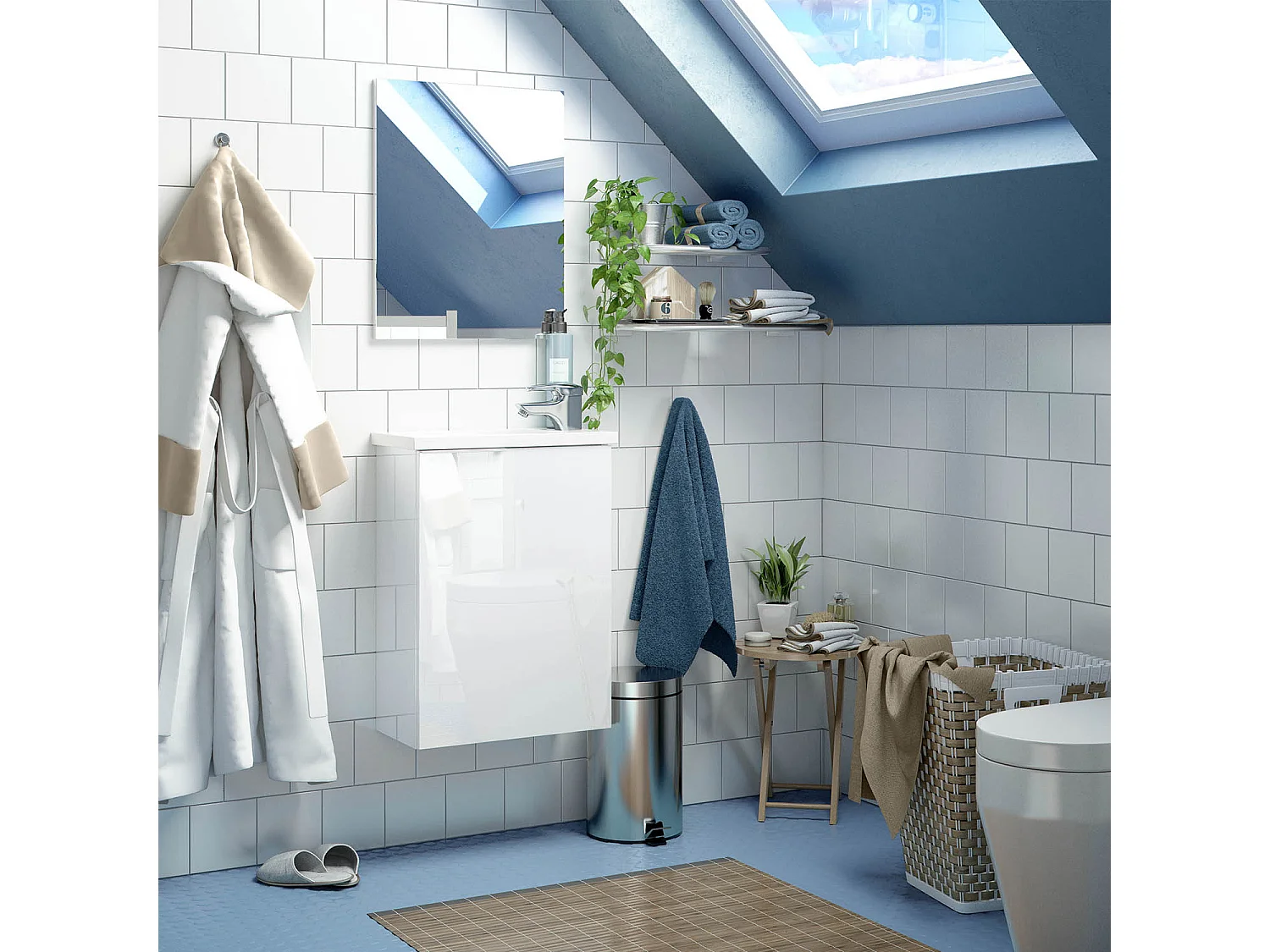 Mueble de baño Elsa 1 puerta, espejo y con lavabo, Color Blanco brillo